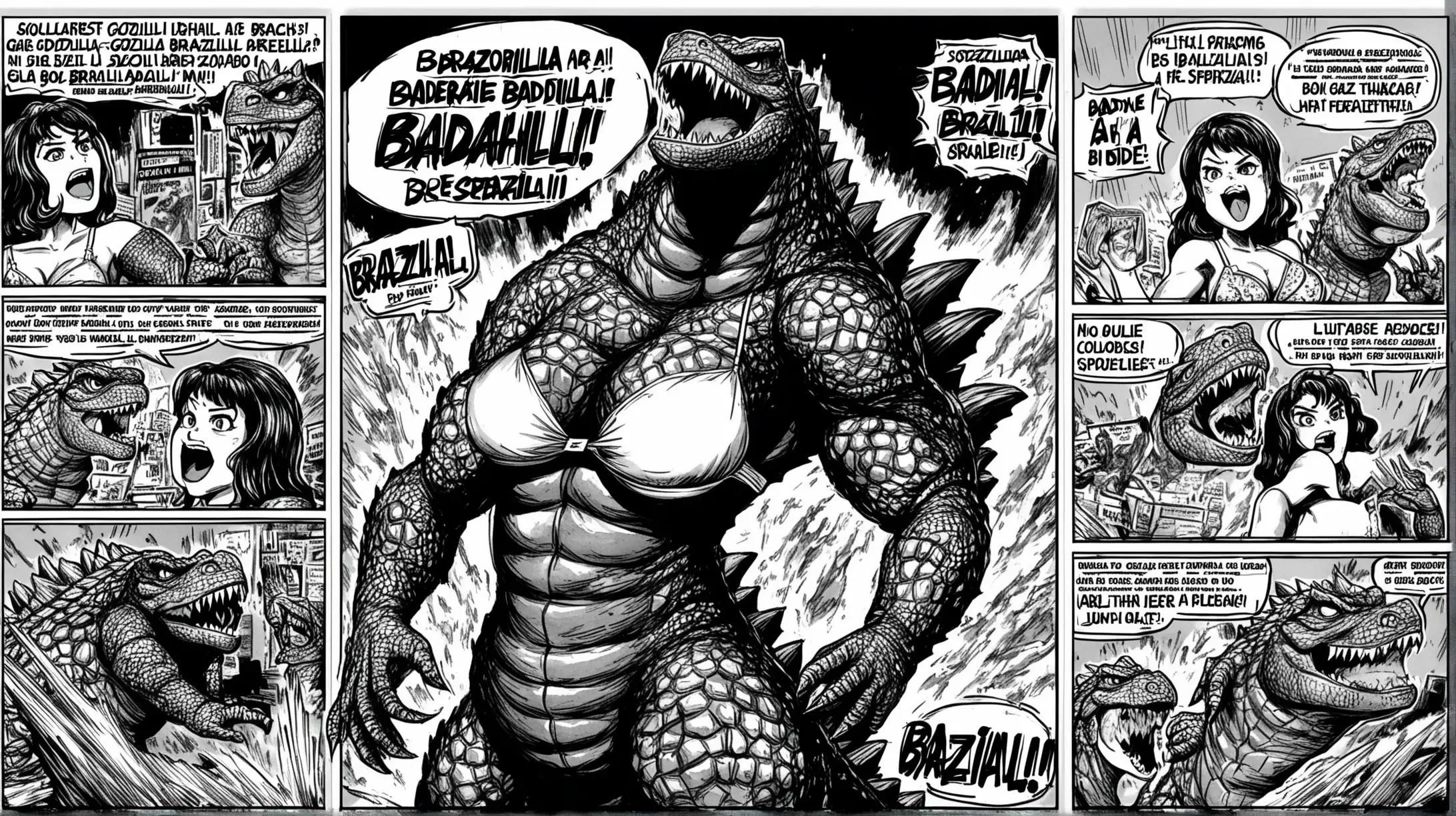 godzilla wearing a bra, speach: baddie!!!, title: brazillai, style: comic book, colour: black and white