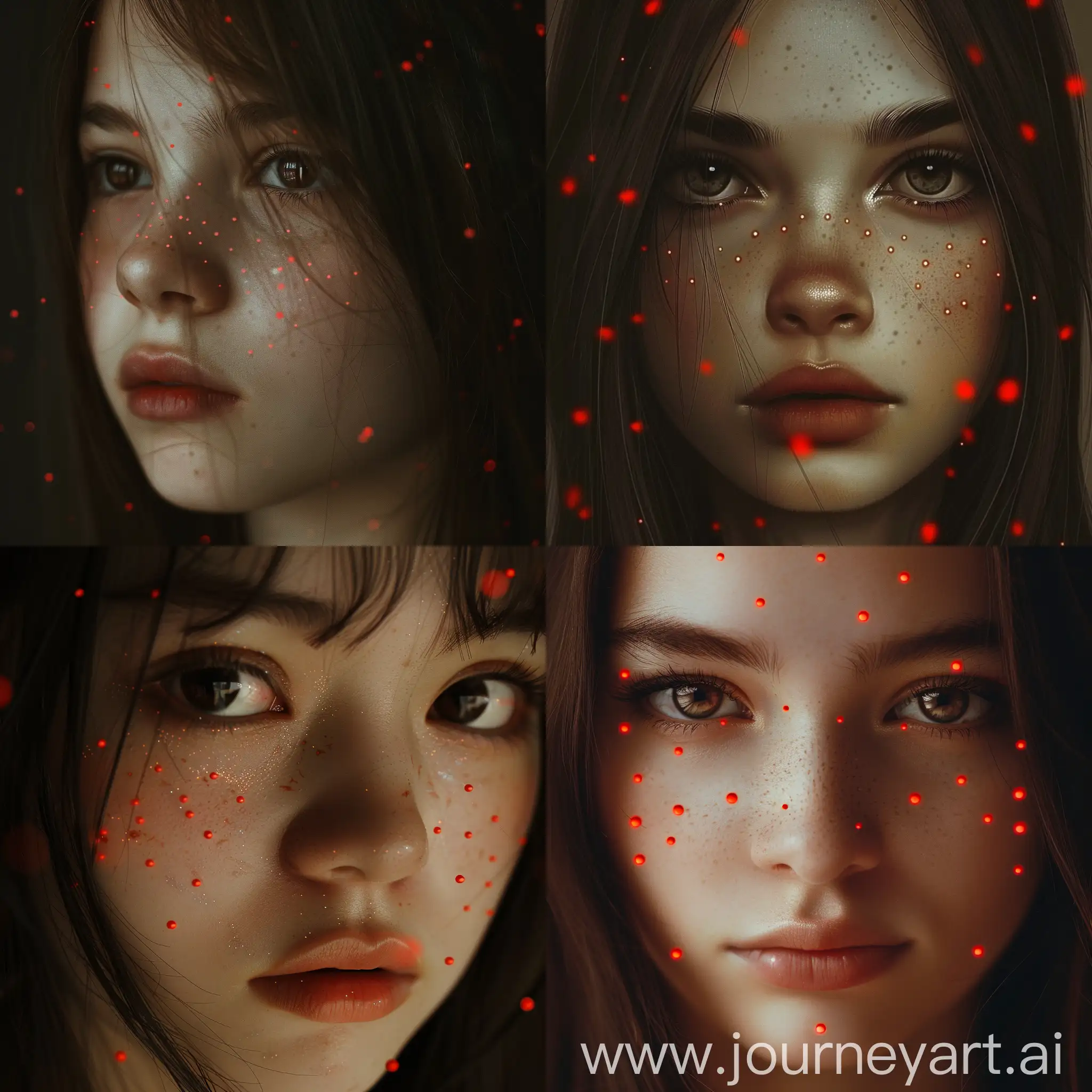 15 years old girl. Introspective, thoughtful and mysterious expression. Dark brown eyes. Dark brown straight hair. Longer lashes at the bottom. Many red dots scattered across the face.