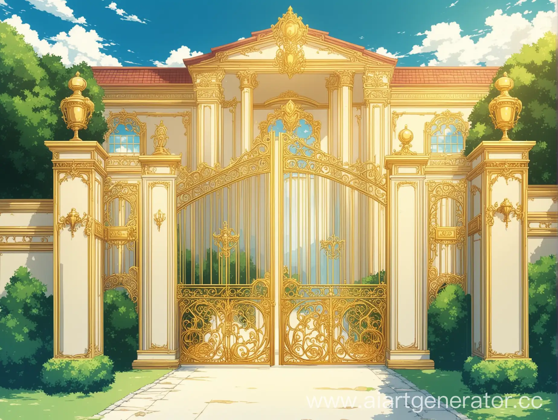 фон для игры новеллы, богатый дом, золотые ворота перед ним, аниме стиль