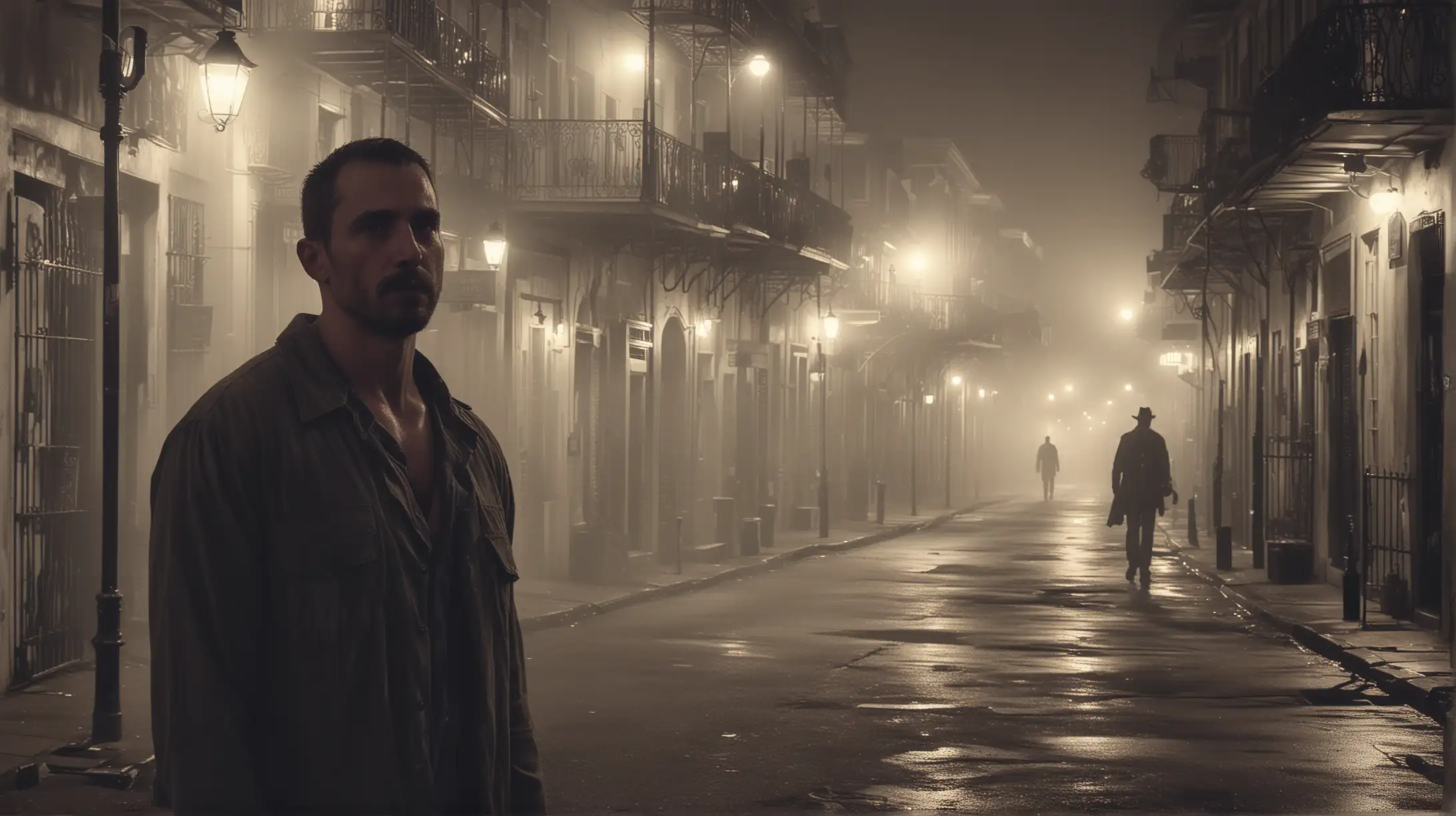 A a petty criminal, mid 30s, rugged white guy standing in French quarter at night in the fog.