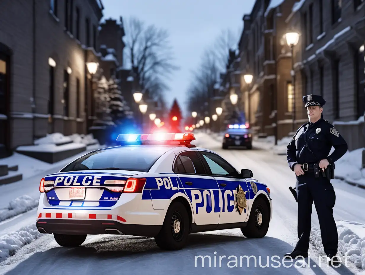 Canadian Police Officer Displaying Badge 0003 in Dark Street with Police Car