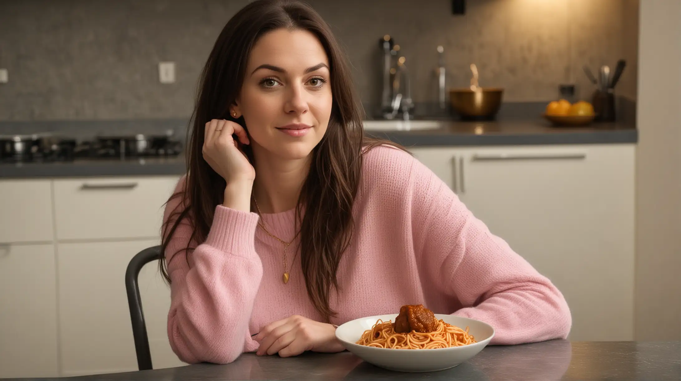 Closeup of 30 year old pale white woman with long dark brown hair, parted to the right, wearing a pink sweater, blue jeans and a gold necklace, sitting down on a kitchen chair in a modern kitchen. There is spaghetti and meatballs in a plate on the table. There is one fork on the table, dim modern high rise urban apartment background at night