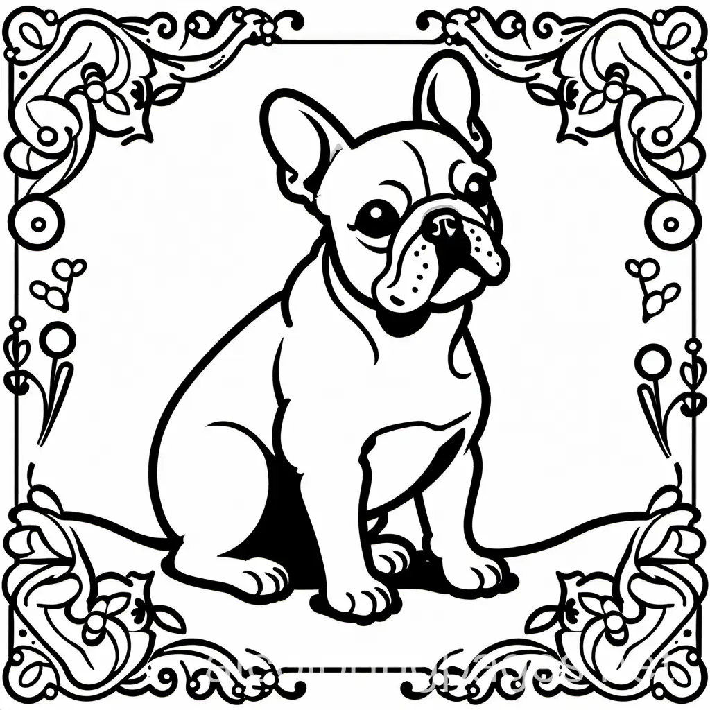 create drawing of French Bulldog, Coloring Page, black and white, line art, white background, Simplicity, Ample White Space. The background of the coloring page is plain white to make it easy for young children to color within the lines. The outlines of all the subjects are easy to distinguish, making it simple for kids to color without too much difficulty
