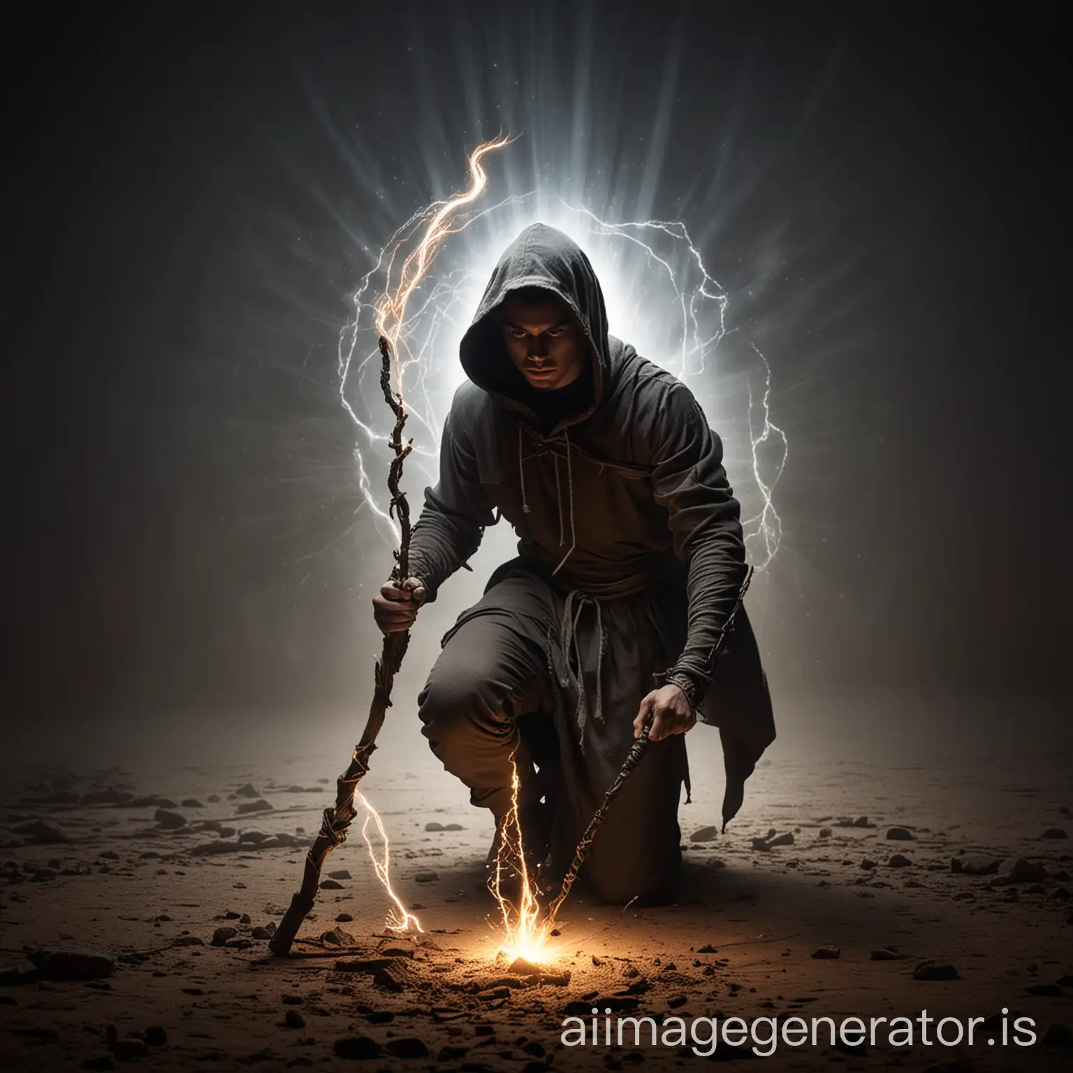 A spiritual warrior young man with a hood, and a proud expression holding a staff in a dimly lit on the ground, in action position, creating an energy ripple effect on the ground magical setting