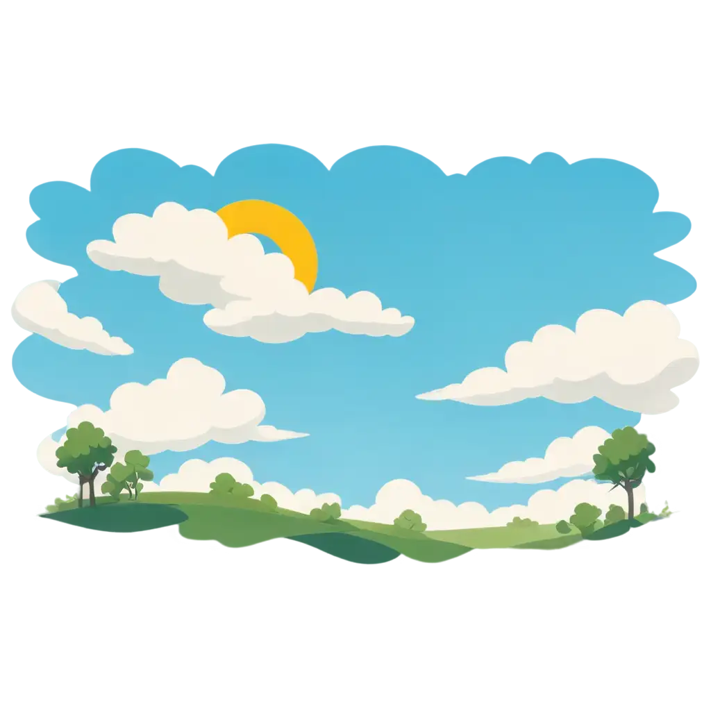 Vibrant-Sky-Cartoon-with-Clouds-and-Sun-Captivating-PNG-Illustration-for-Web-and-Print
