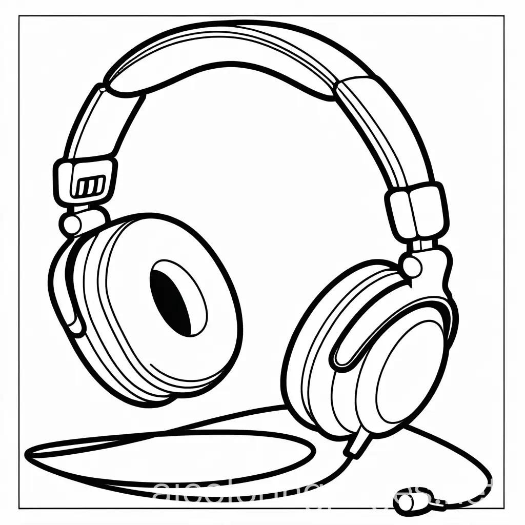 create a coloring page with retro headphones with wireless cord
, Coloring Page, black and white, line art, white background, Simplicity, Ample White Space. The background of the coloring page is plain white to make it easy for young children to color within the lines. The outlines of all the subjects are easy to distinguish, making it simple for kids to color without too much difficulty