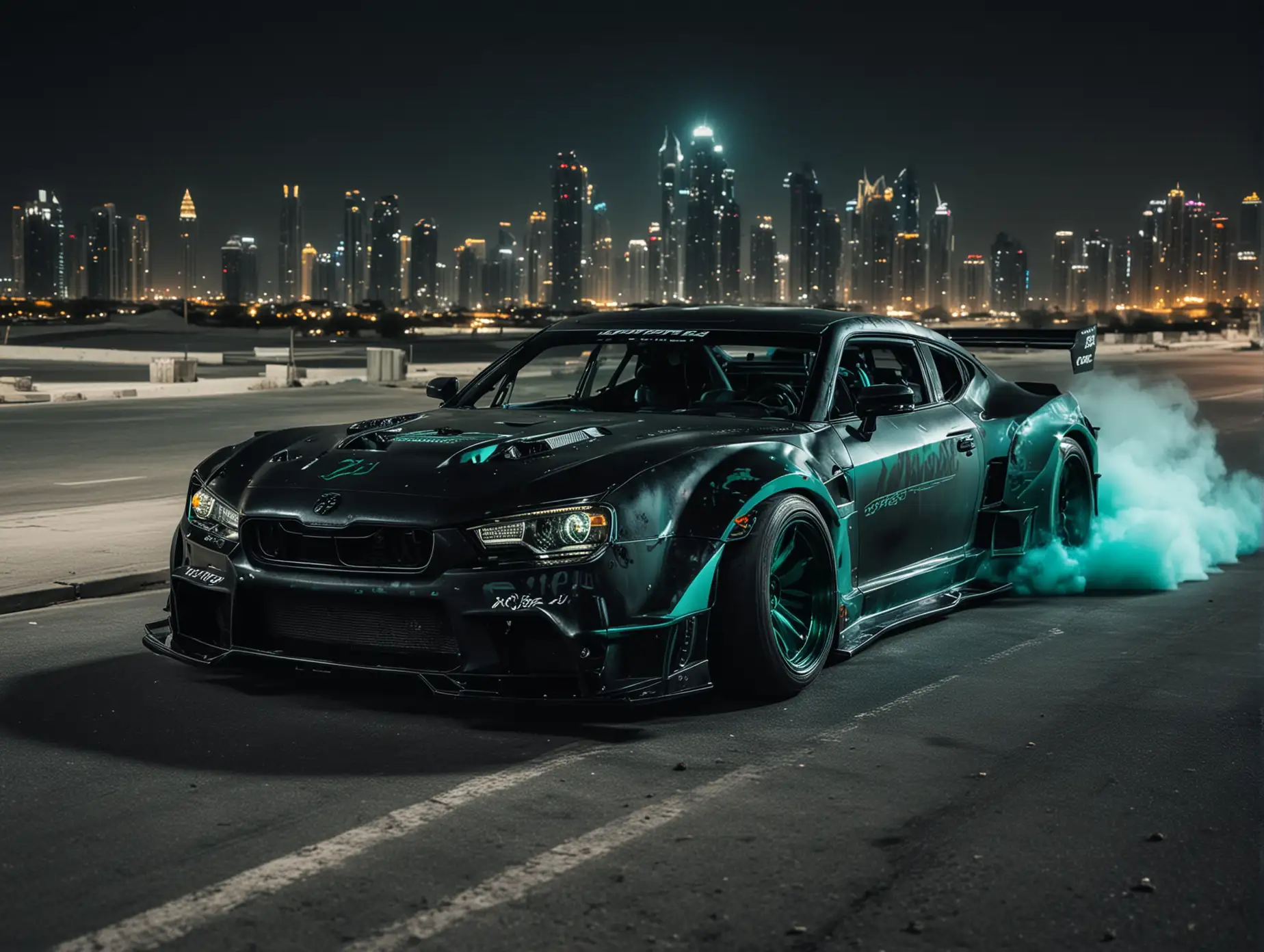 Create creative drifting cars from hulk, evil tuning type, Downhill in the city of dubai drifting at night rear view from high far away,  car color dark carbon black, dark turquoise