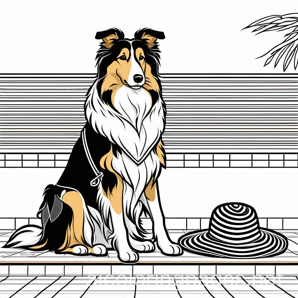 Rough collie in a bikini by the pool with a lemonade, Coloring Page, black and white, line art, white background, Simplicity, Ample White Space. The background of the coloring page is plain white to make it easy for young children to color within the lines. The outlines of all the subjects are easy to distinguish, making it simple for kids to color without too much difficulty