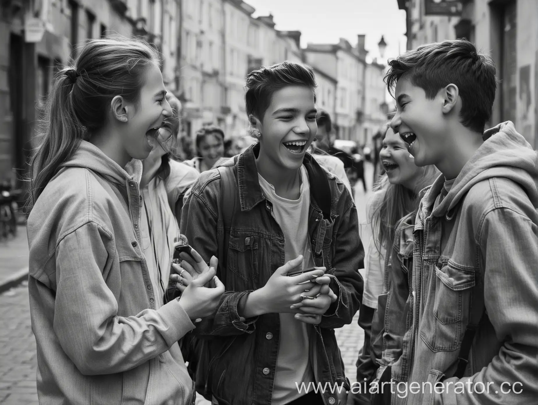 Черно-белое фото.
Группа подростков на улице общаются и смеются