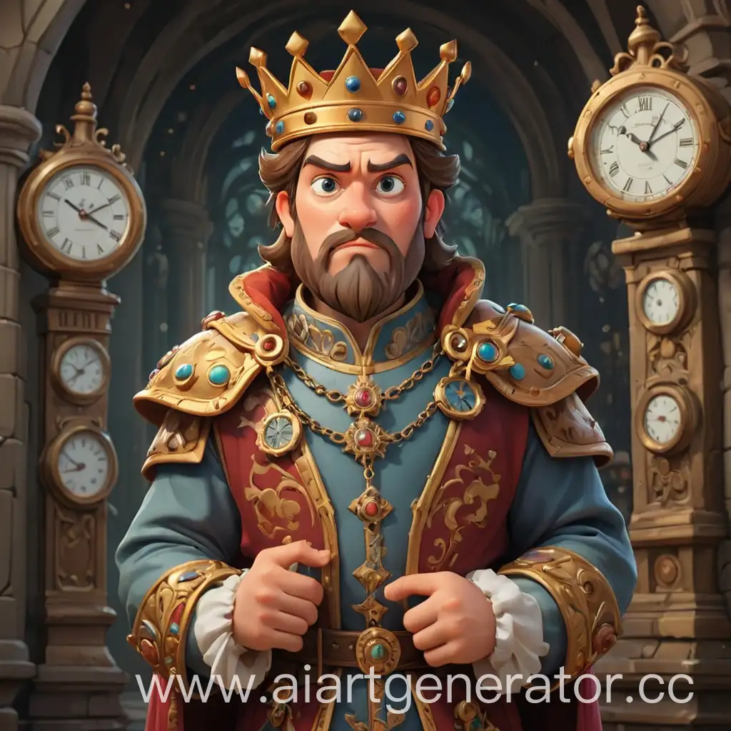 Whimsical-Cartoon-King-Holding-Timepieces