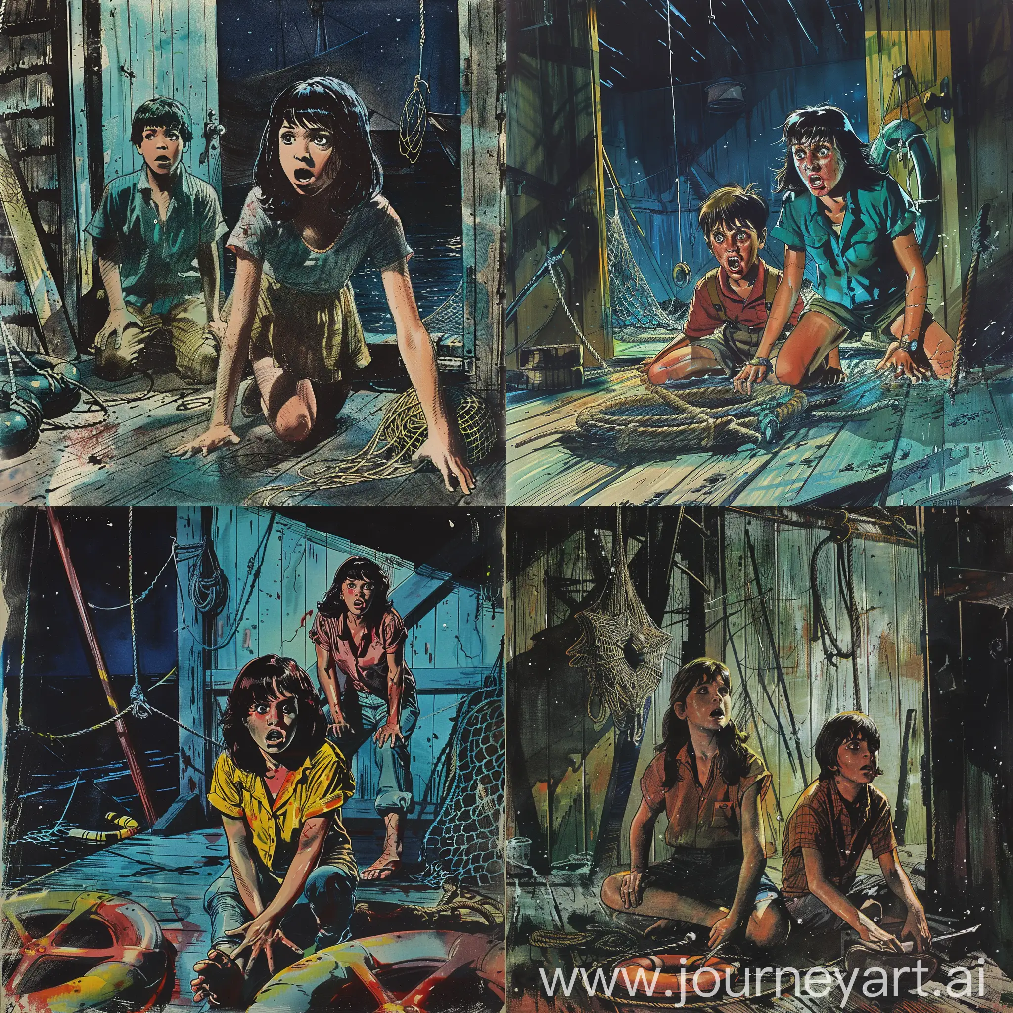 Style of a 1970’s horror comic book cover, no text, influenced by Eerie, House of Mystery, Haunt of Horror. Setting is inside a fishing cabin at the end of a pier at night featuring a couple of buoys, fishing poles and fishing nets. A girl and boy sit on the floor and have shocked looks on their faces, realistic hands and eyes, they moved large sail sheet and found a pentagram on the floor. A high priestess with a beautiful face and dark hair opens the door and find them.