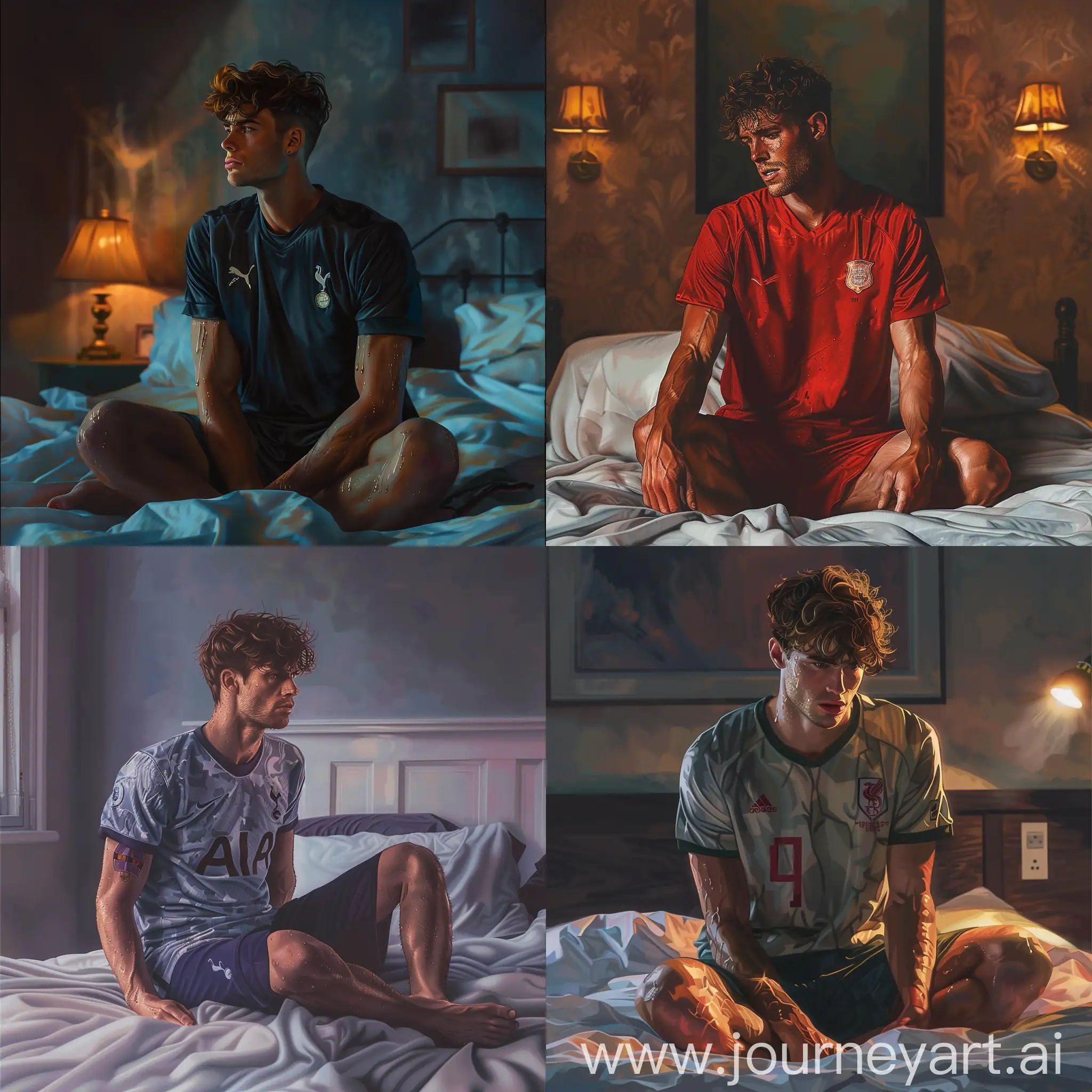 Handsome young attractive footballer, ideal athletic physique, tall, wearing football jersey t shirt and shorts, sweaty, hyper realistic, photorealistic, candid, siting on bed relaxing, indoors, during night, cozy, muscular, attractive chiseled jawline, short wavy hair, ideal physique