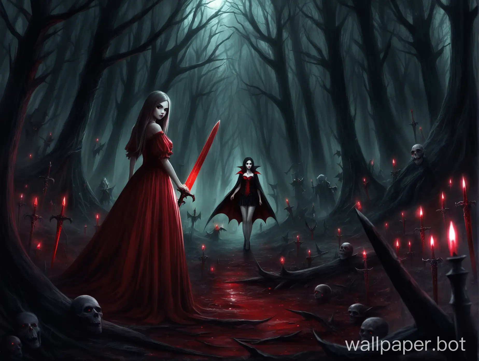 dark fantasy world, a vampire girl far in the background with red shiny sword, shes in the dark magic forest