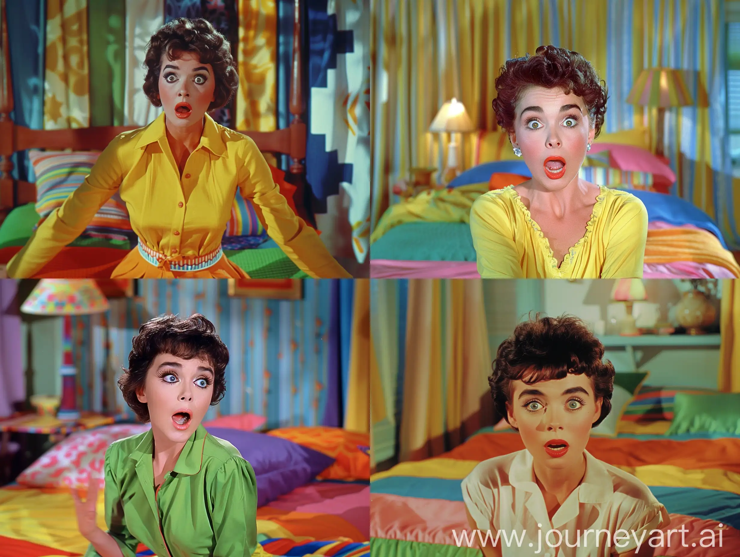 Elizabeth Taylor with a surprised face. Front view. close ups. He is sitting on a colorful bed..Super Panavision 70s 1950s, color picture, vintage quality