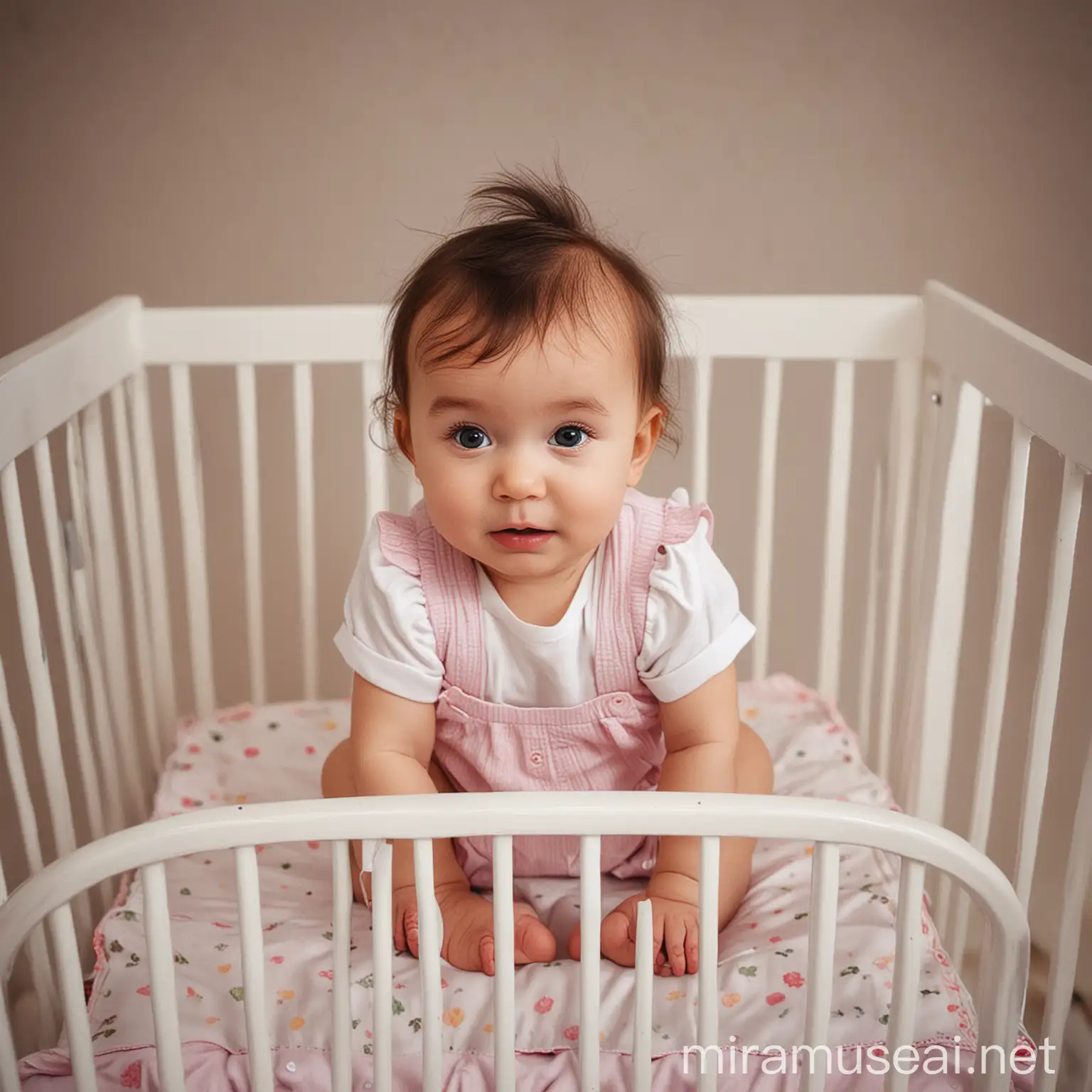 Adorable Baby Girl Sitting in Cot