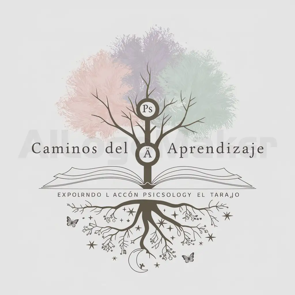 a logo design,with the text "Paths of Learning: Exploring Psychosocial Action and Work", main symbol:Logo featuring an open book in the center, from which a tree emerges with soft hues (pink, lavender, mint green). The tree trunk has the Psi (Ψ) symbol integrated. The roots of the tree are deep and detailed, decorated with stars, moons, and butterflies. The name 'Caminos del Aprendizaje' is in elegant cursive font above the tree, and the subtitle 'Explorando la Acción Psicosocial y el Trabajo' is in simple font below the book. The main colors are pastels (pink, lavender, light blue, mint green) with details in white and gold.,Minimalistic,clear background