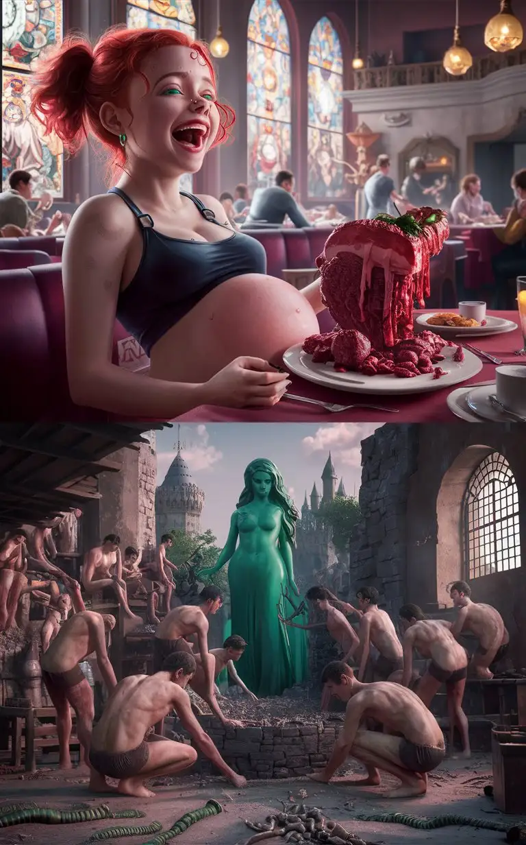 Pregnant-Redhead-Woman-Laughing-Alone-in-Luxury-Castle-Diner