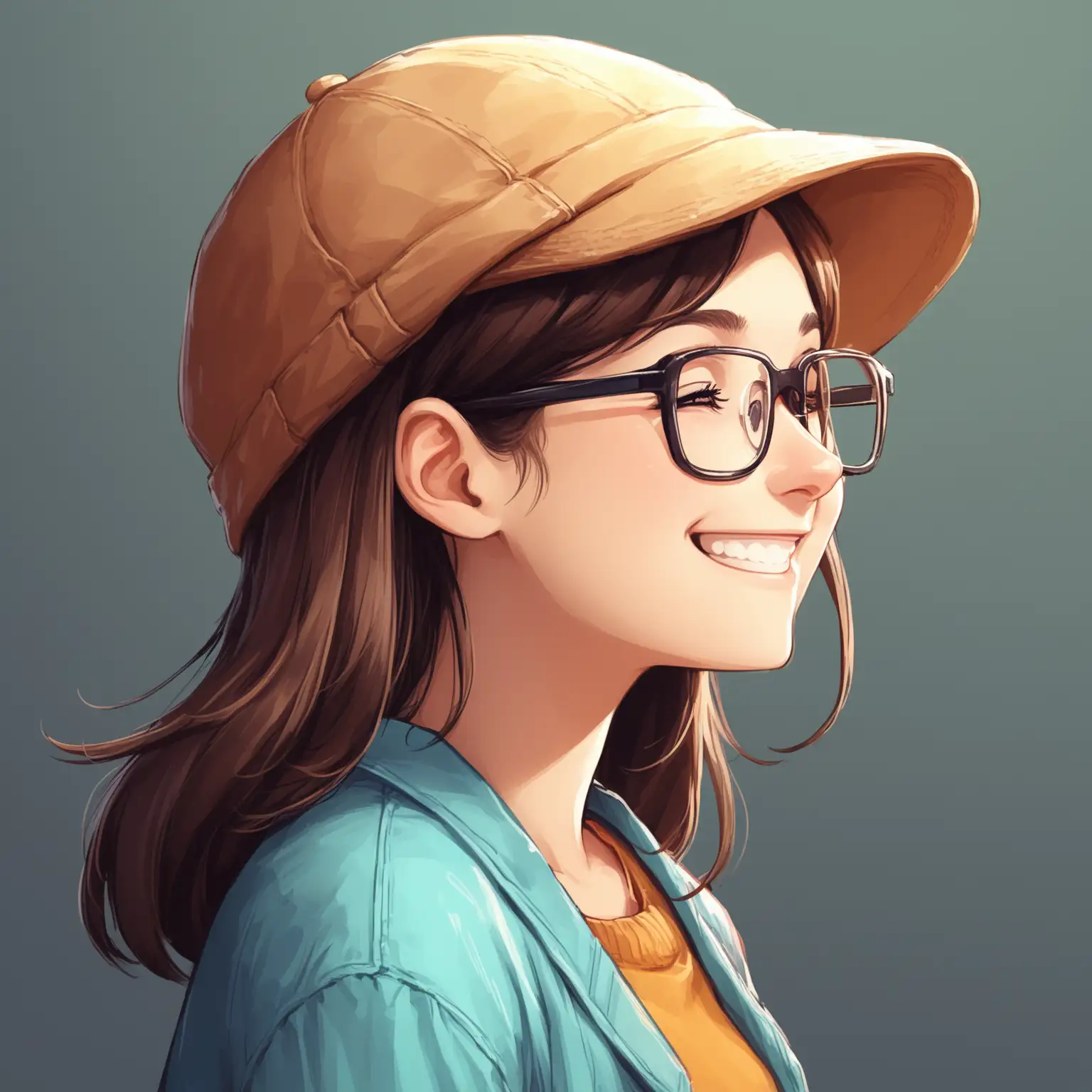 a girl, wearing glasses, cheerful disposition, smiling, wearing a hat, feeling like a programmer, profile