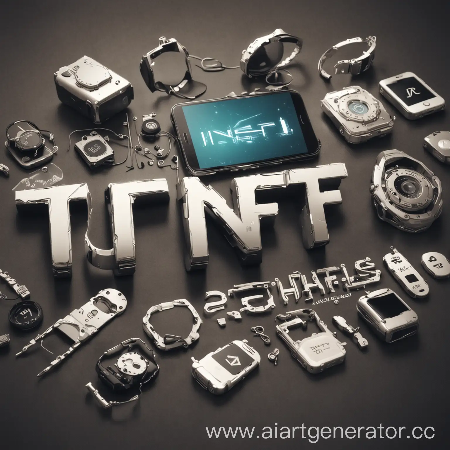 Create a logo for my NFT Collection which named "TON TECHNOLOGIES", there some gadget, iPhones, watches and other interesting technologies in background.