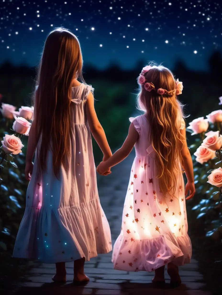 Adorable Children with Long Hair in Windy Backlit Garden with Roses and Stars