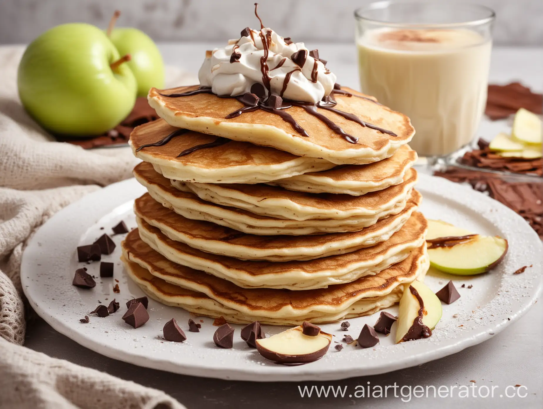 Delicious-Apple-Pancakes-with-Cream-and-Chocolate-on-Light-Background