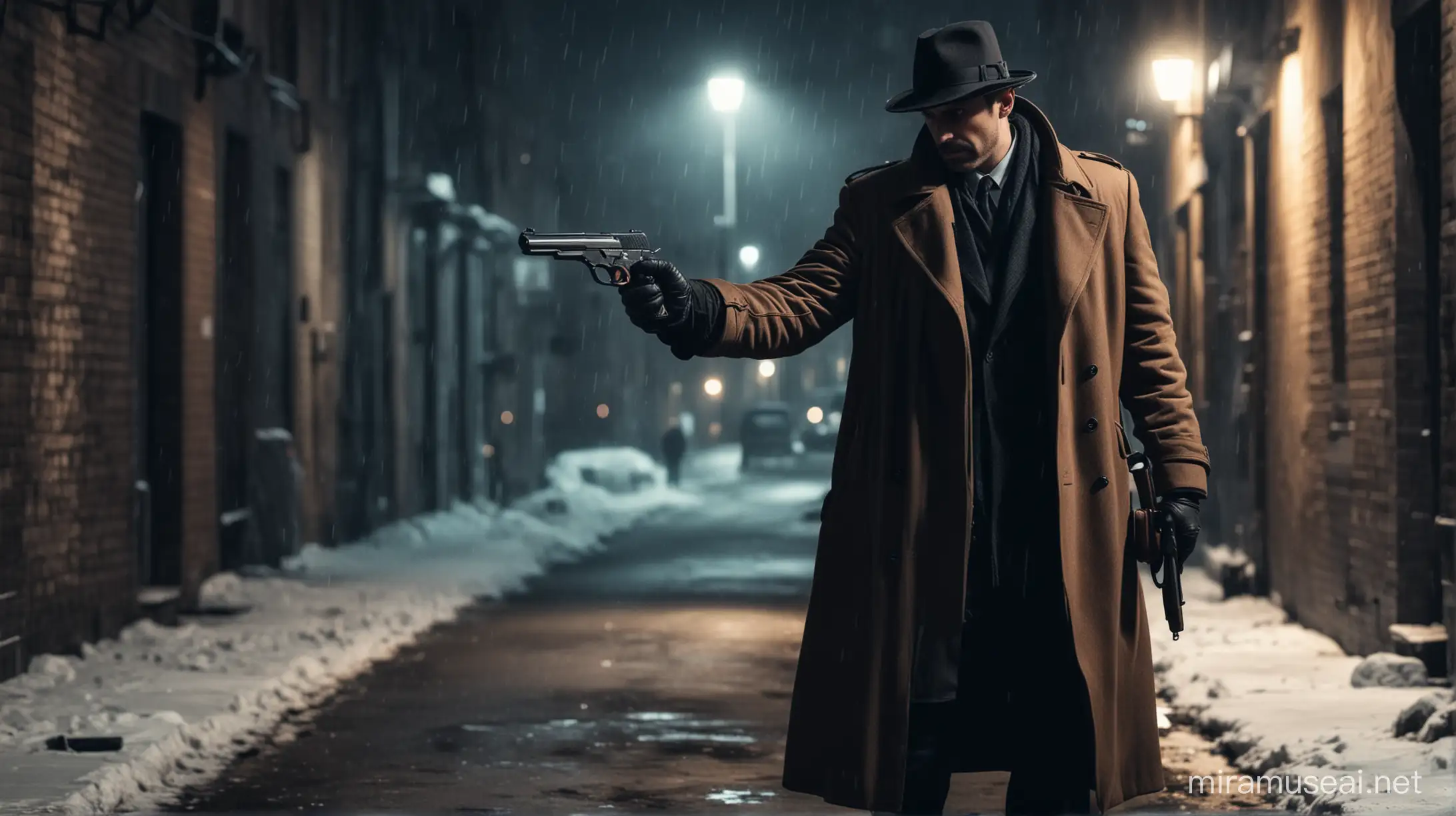 detective with a coat and a gun in his hand at winter night in an alley of the city at night where a murder with blood occurred