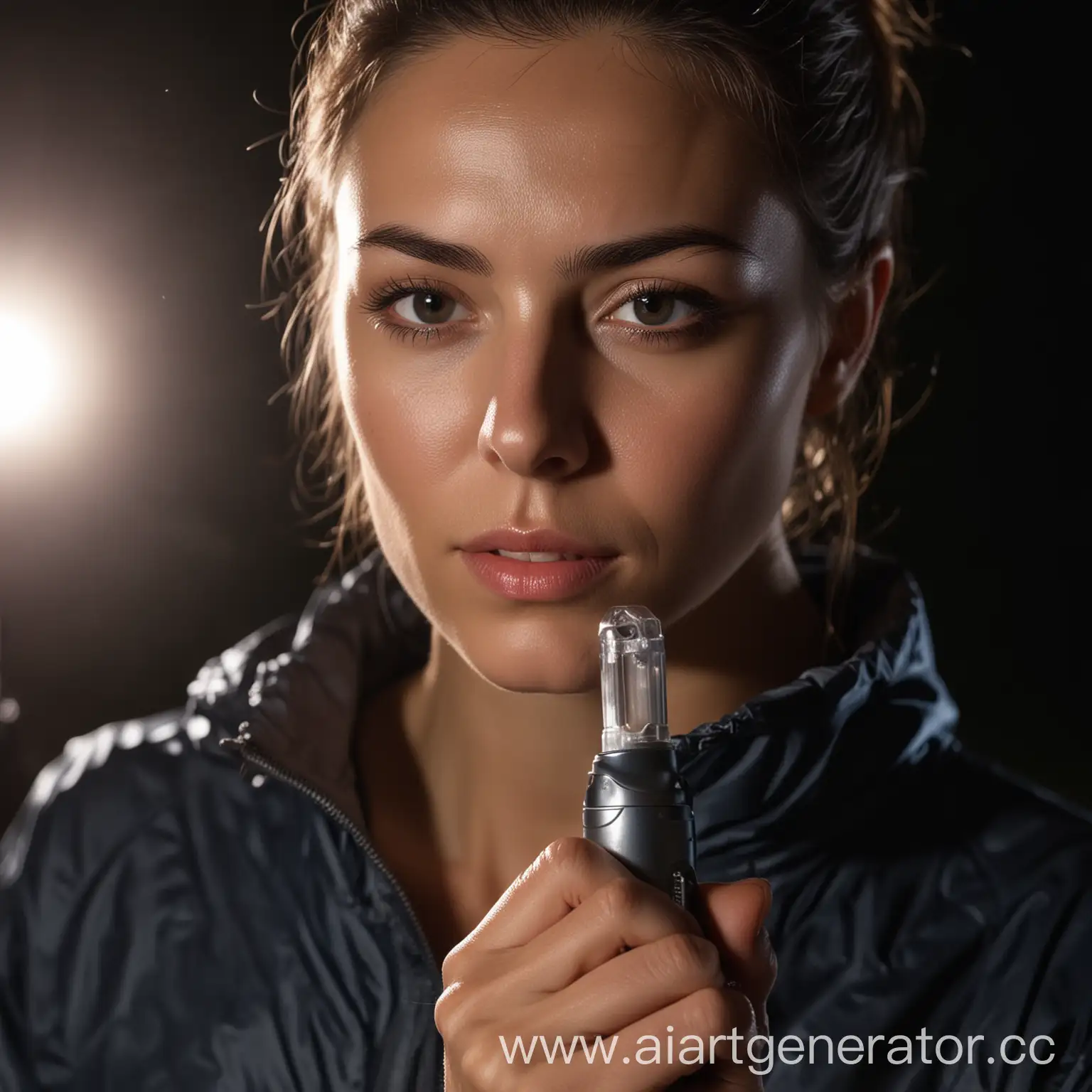 Woman-Examining-Outdoor-Clothing-Details-with-Flashlight-at-Night