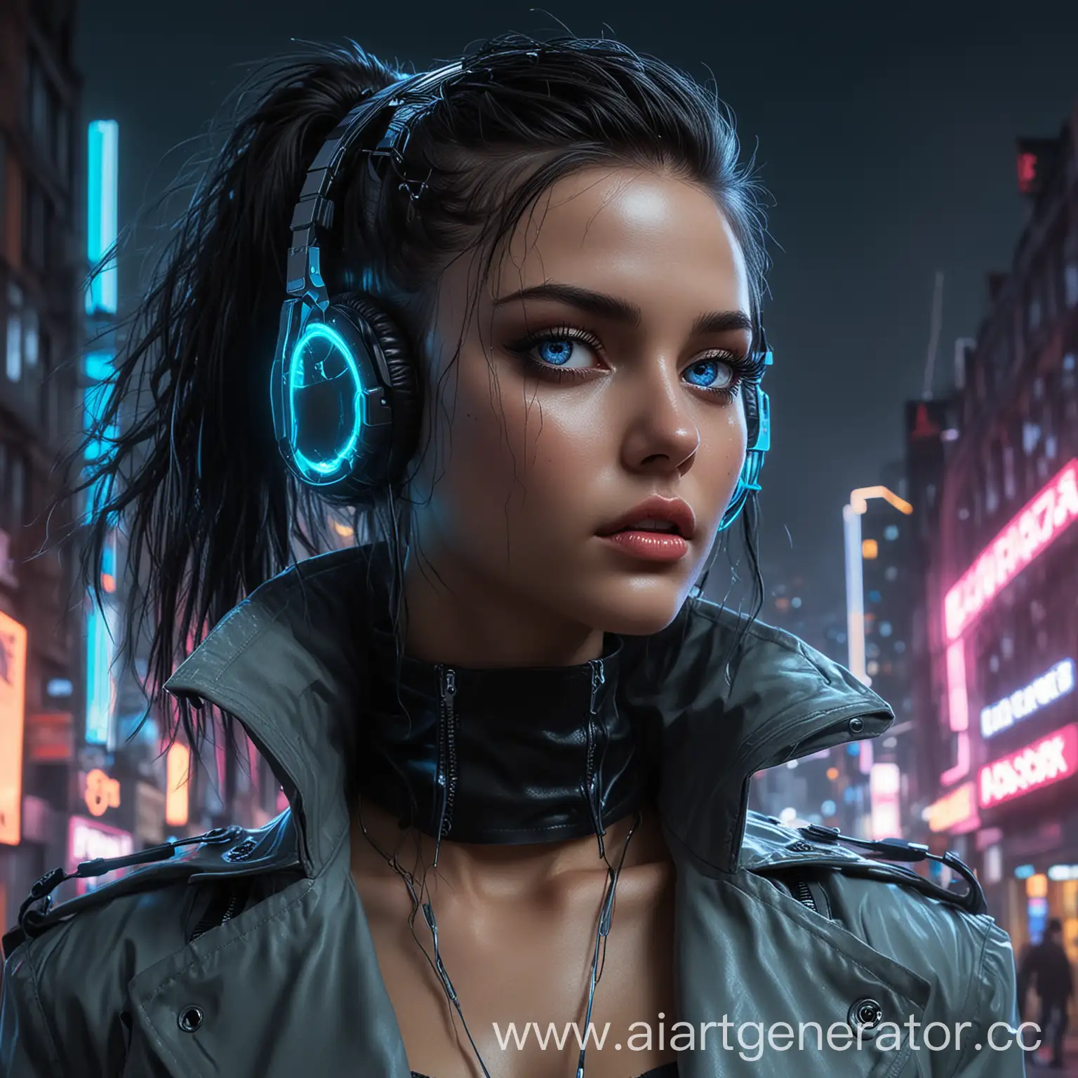 киберпанк, девушка с неоновыми наушниками, киберимпланты в волосах и на шее, голубые глаза, темные волосы, на фоне ночного города неоны куртка с высоким воротом светящиеся вставки на вороте