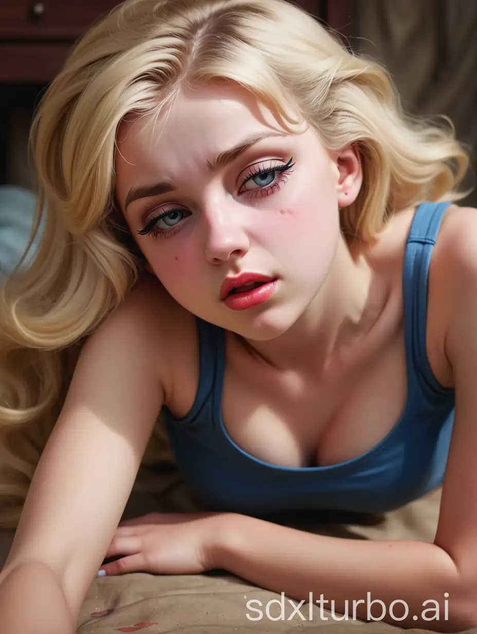 Best Quality, 4K, masterpiece, very sharp image,extremely beautiful blond teen laying down, pinup, highly detailed beautiful face, big eyelahes, eyes closed, in pain, minimum waist, tank top, skirt, long hair, excellent sense,(((one person))),highly detailed body