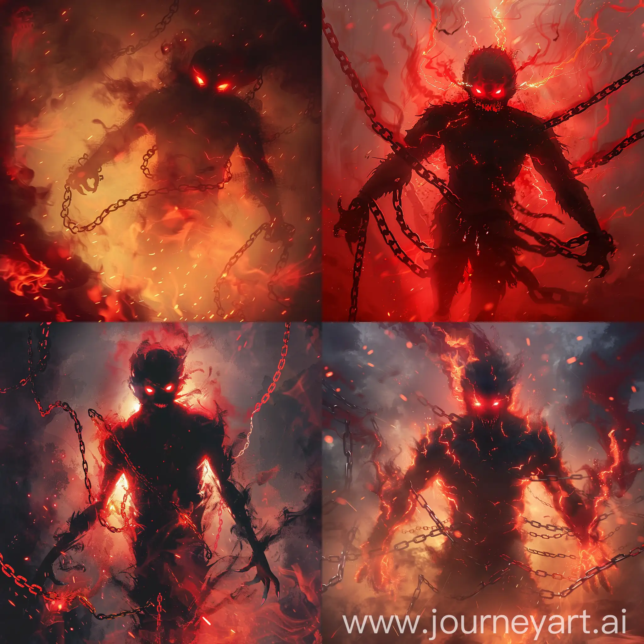 a shadow monster like human with red eyes, rage eyes, without mouth, chains flying around it, everything glows with red smoke and light