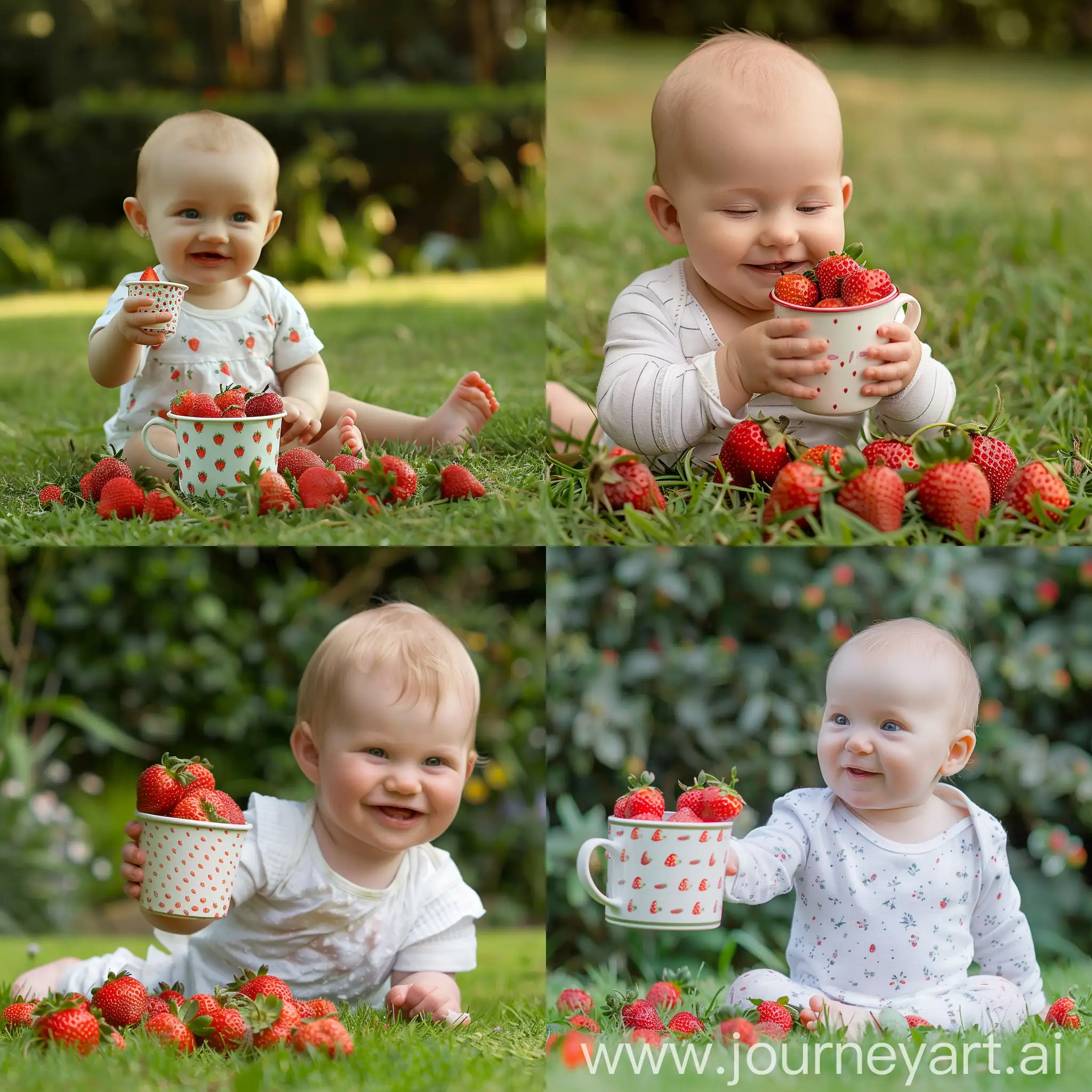 baby in summer with a cup of strawberries on the lawn realistic photo with facial detail