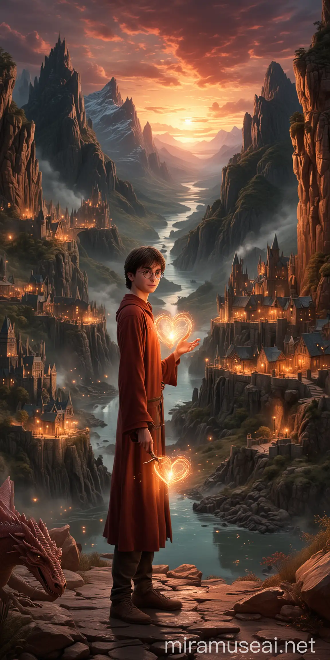 Wizard Holding Glowing Heart in Mythical Realm