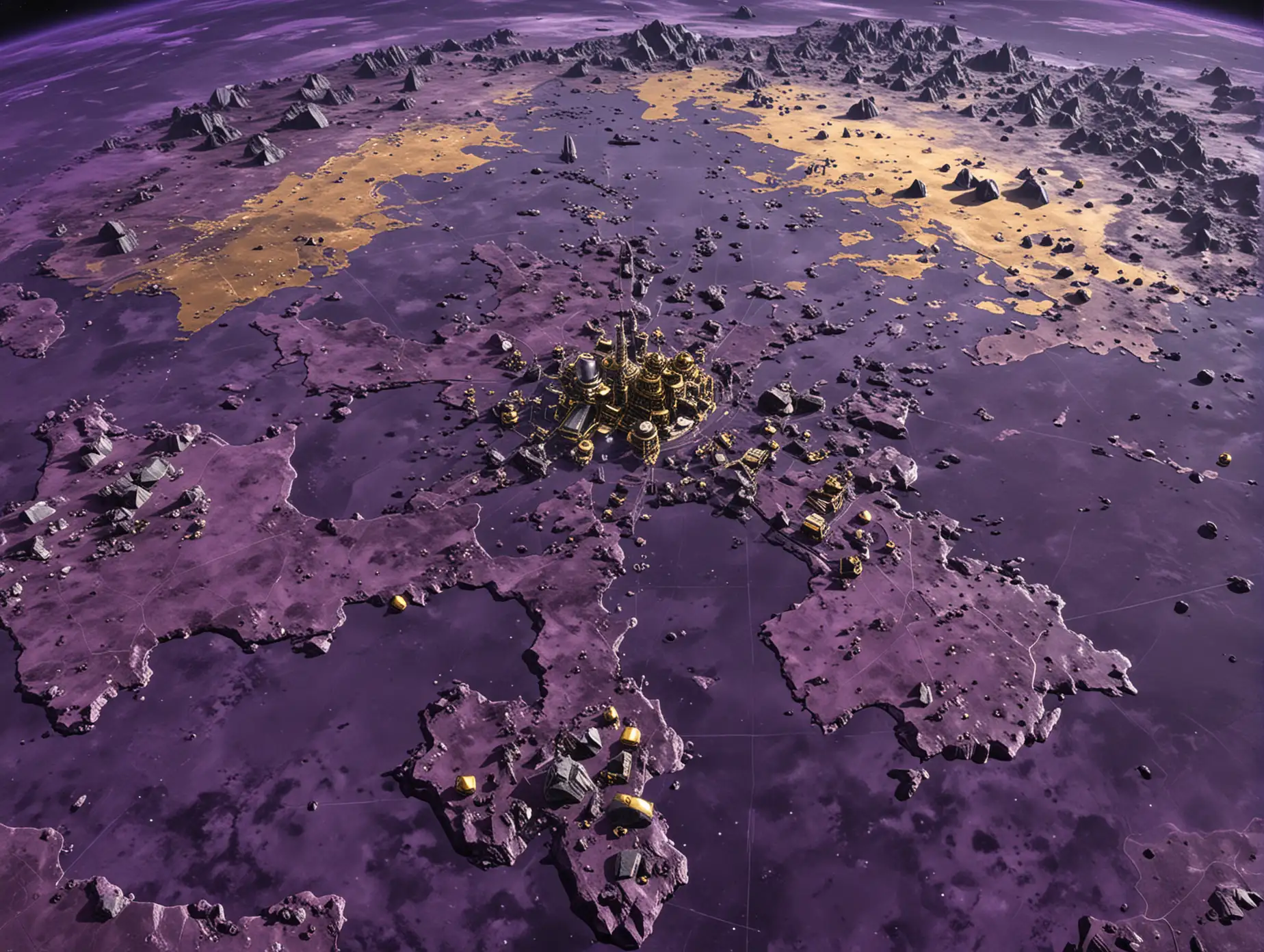 A Very huge unexplored abandoned Black-purple Planet's huge map. The map's from the top. The map is abandoned and extinct, The map's majority is PLAIN but some ore and gold sites can be found on the map and one little tech base on the middle of the map surrounded by four tiny oil rigs