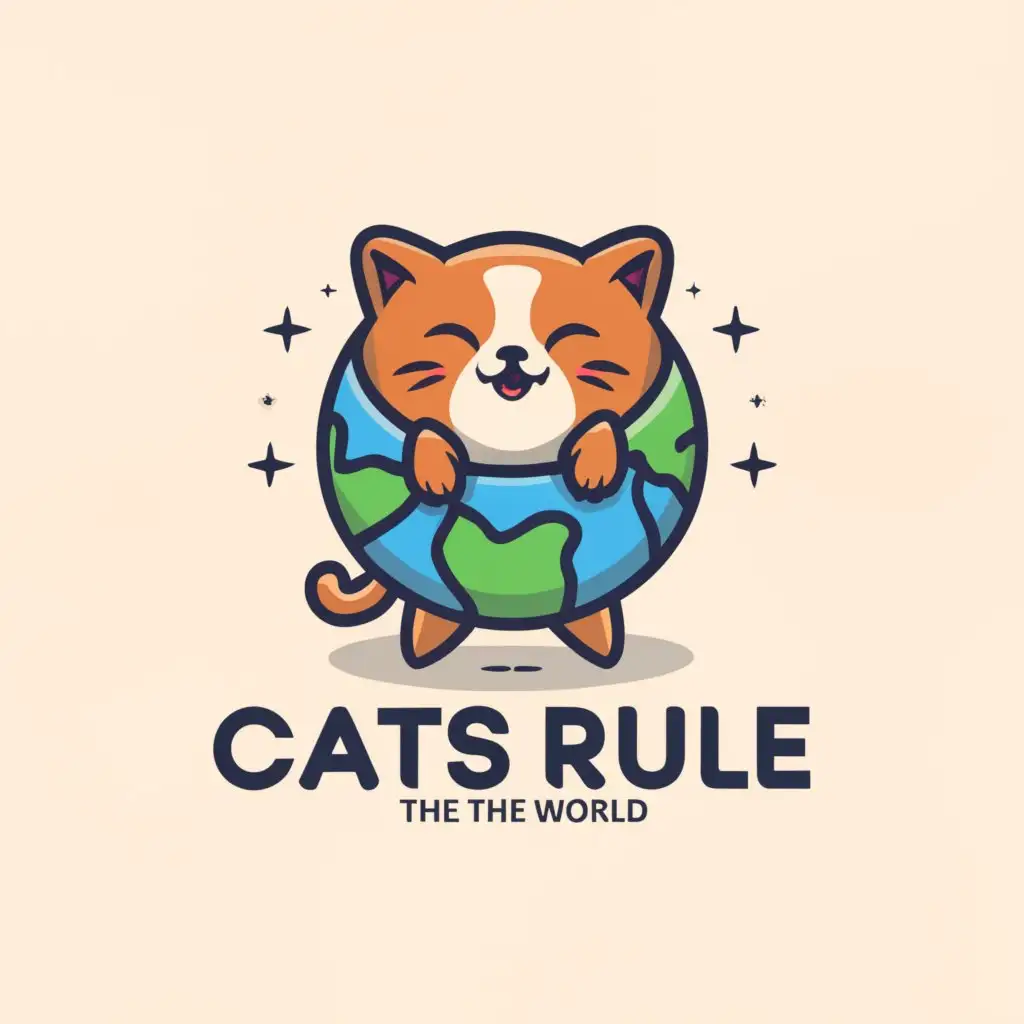 a logo design,with the text "Cats rule the world", main symbol:Cute kitten spins the globe,Moderate,be used in Entertainment industry,clear background