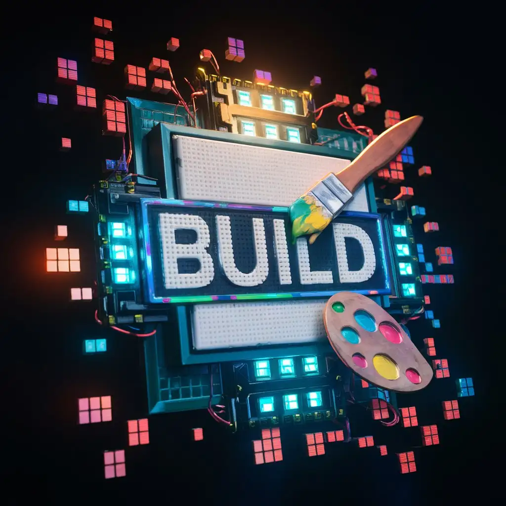 make a 3d logo for a software development team called "Build" the design should be electronic art themed, with aspects of art and electronics and programming. the logo should include a canvas, paintbrush and paints, with leds and pixels