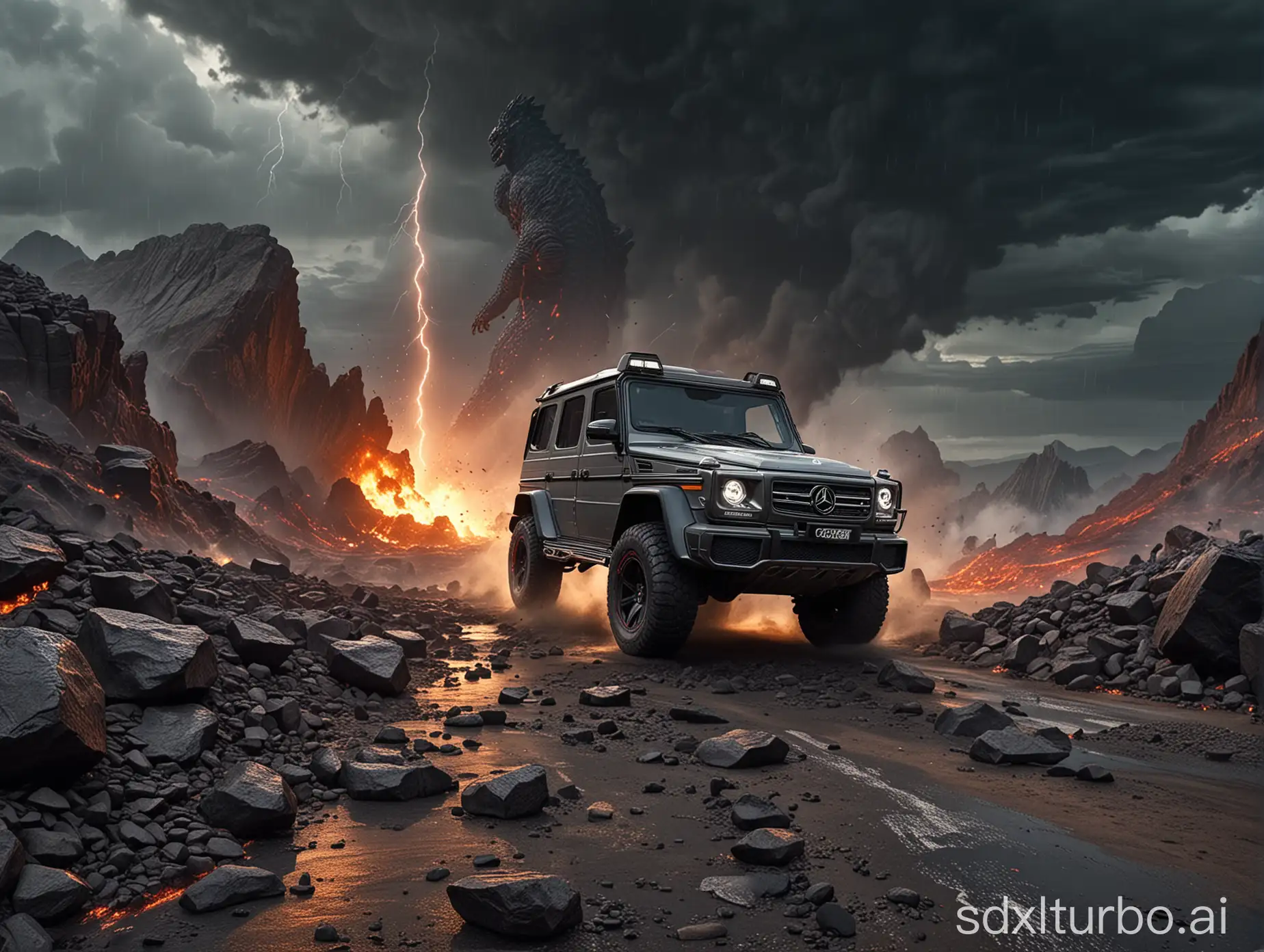 Thunderstorm weather, tornadoes in the distance, magma eruption scenes, Godzilla chasing the future Mercedes-Benz G in the distance. Referring to "Clash of the Titans", the future Mercedes-Benz G crosses the cliff moment, reflecting the front of the car, large perspective, textured stones, cracks on the ground, lava spewing, rapid rotation of tires, low angle of view, sporty atmosphere rendering wide-angle Hollywood science fiction style big picture Scenes