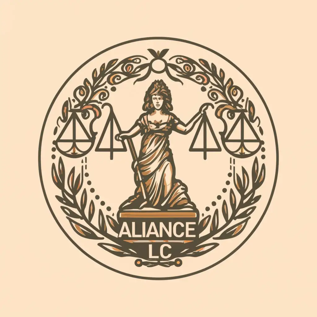 a logo design,with the text "Legal company LLC "Legal Alliance"", main symbol:Themis, round table, union, defense, scales, olive branch, Roman law, law, clarity of lines, strict design,complex,be used in Legal industry,clear background
