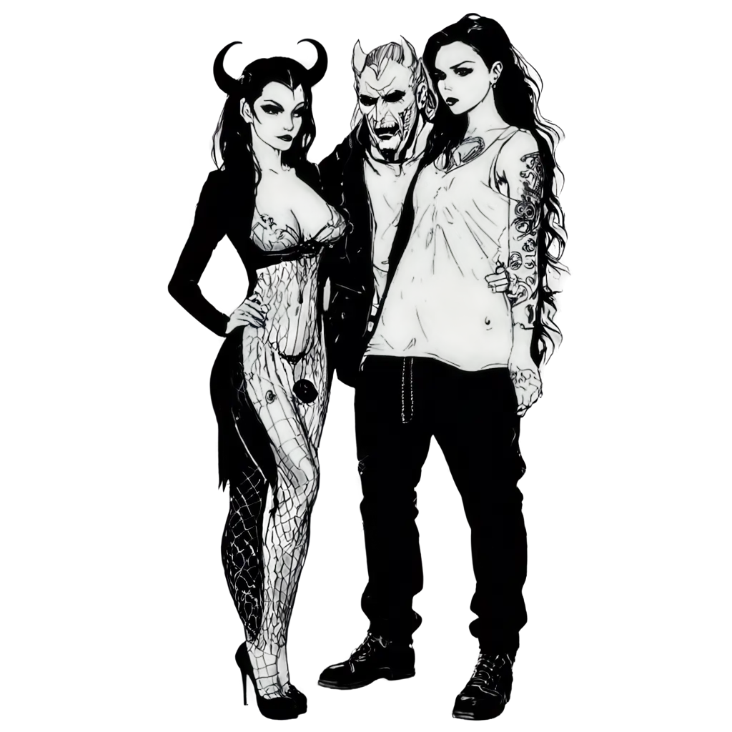 Tattoo sketch art, demon with two goth girls adoring him