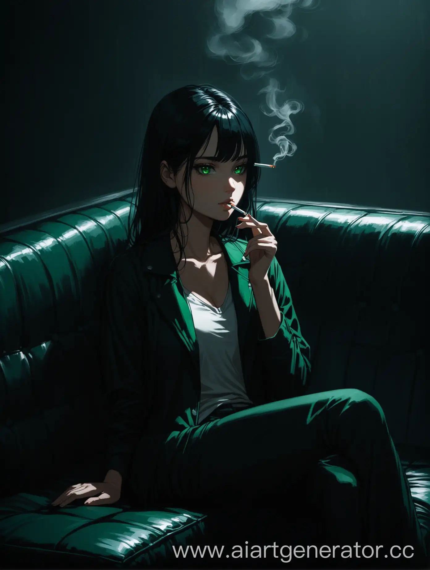 A girl with black hair and green eyes is sitting relaxed on the couch and smoking a cigarette. Gloomy atmosphere, dark room

