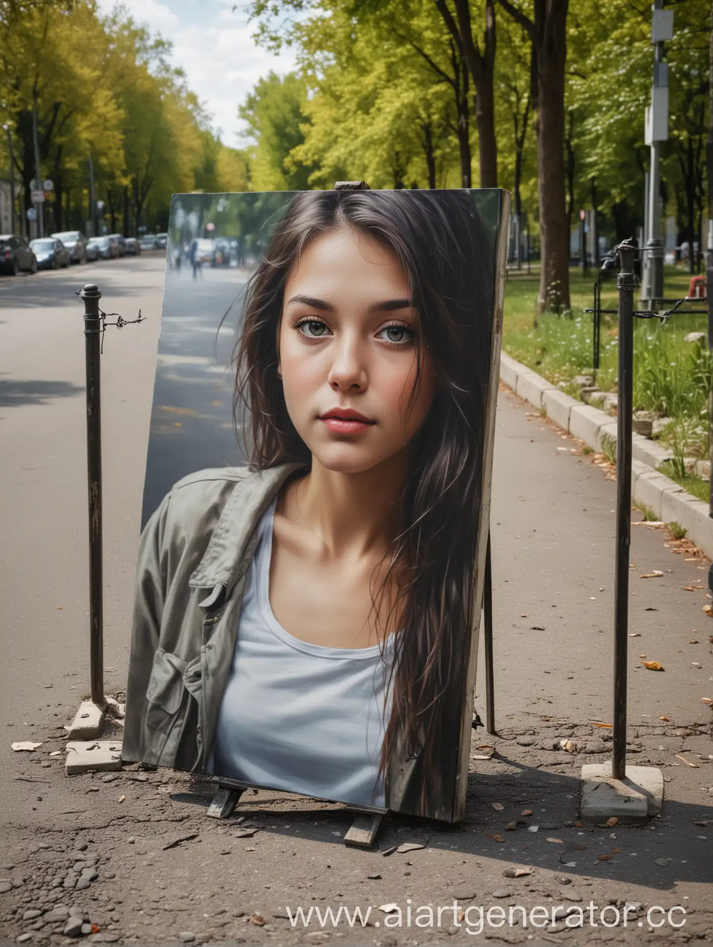 Портрет на холсте размером 50х70 сантиметров стоит в парке на асфальте у бордюра