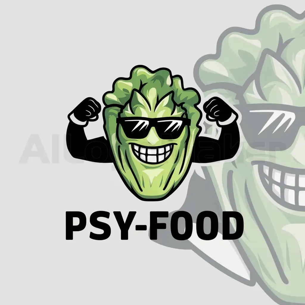 a logo design,with the text "PSY-FOOD", main symbol:lettucewith a grudge with strong arms flexed,Moderate,clear background
