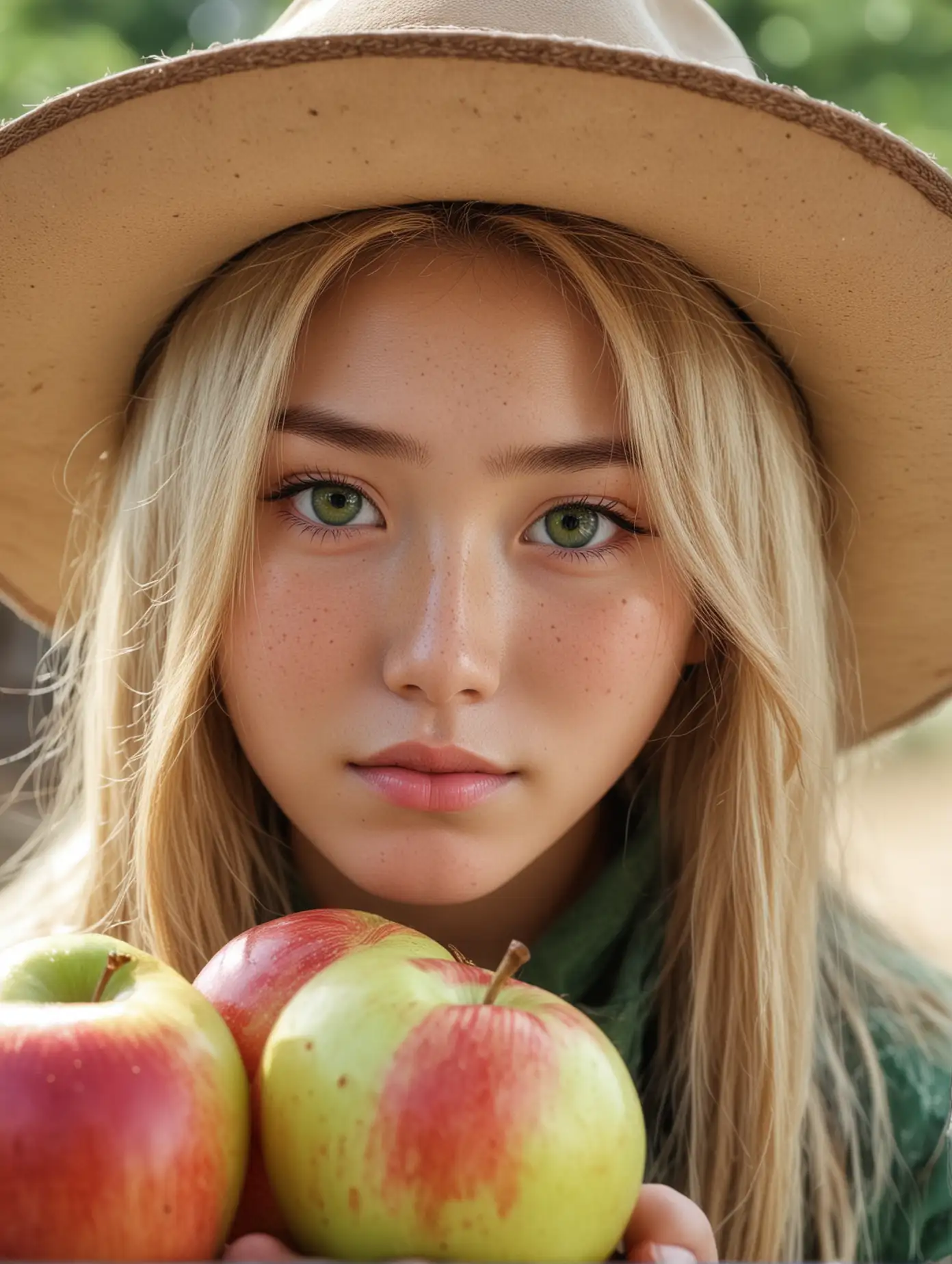 Девушка из Японии, крупная, блондинка, веснушки, шляпа ковбоя, зелёные глаза, деревня, яблоки, честные глаза