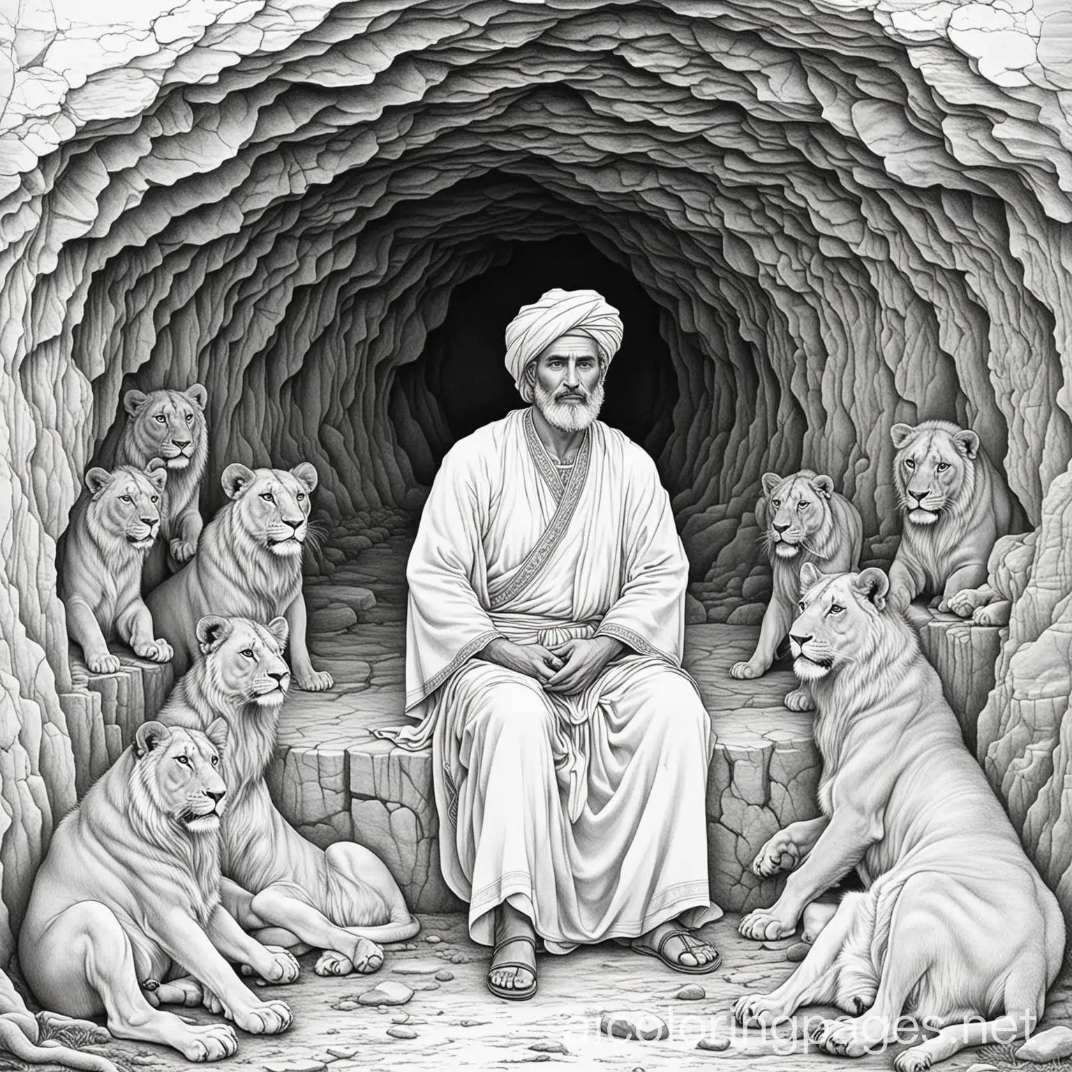 create a coloring page of one man in a cave. He should be dressed in Persian clothes similar to what officials would wear in 500 BC. Add 3 lions with their mouths closed. The three lions should be looking at the man who is confident and not fearful. Leave space for coloring the images., Coloring Page, black and white, line art, white background, Simplicity, Ample White Space. The background of the coloring page is plain white to make it easy for young children to color within the lines. The outlines of all the subjects are easy to distinguish, making it simple for kids to color without too much difficulty