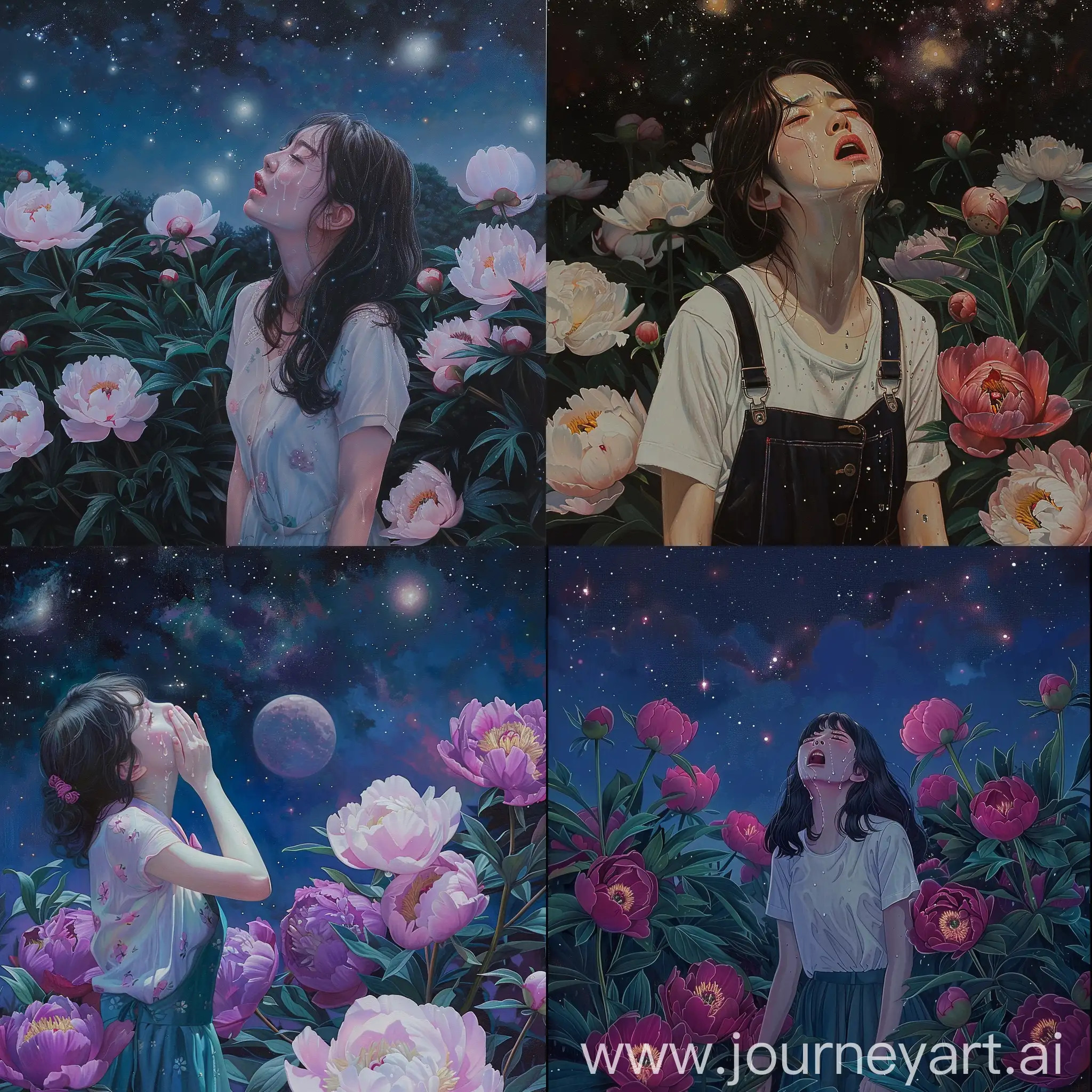 Korean-Idol-Girl-Crying-in-Night-Garden-with-Bright-Stars-and-Peonies