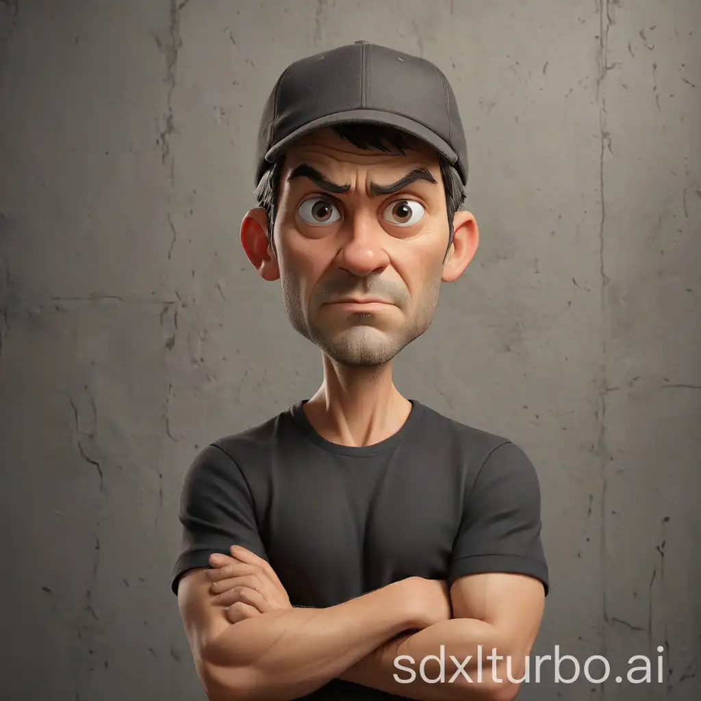 Realistic 3d caricature. big head. A man stands confidently against a background of gray textured wall panels. He wore casual clothes with a black t-shirt and hat. His hands were busy with the camera, which he held in front of him, ready for action. The overall atmosphere conveys a sense of anticipation or preparation to capture the moment. Use soft photography lighting with hair lights, edge lights, and top lights. Photos with very high detail.