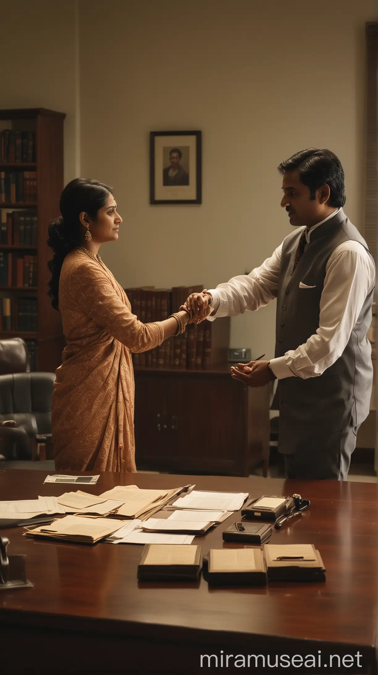 The image poignantly captures the moment an Indian man hands over all his property to his wife due to a divorce. The scene is set in a dimly lit, formal office, perhaps a lawyer's or notary's office, symbolizing the legal proceedings involved.

Foreground:
