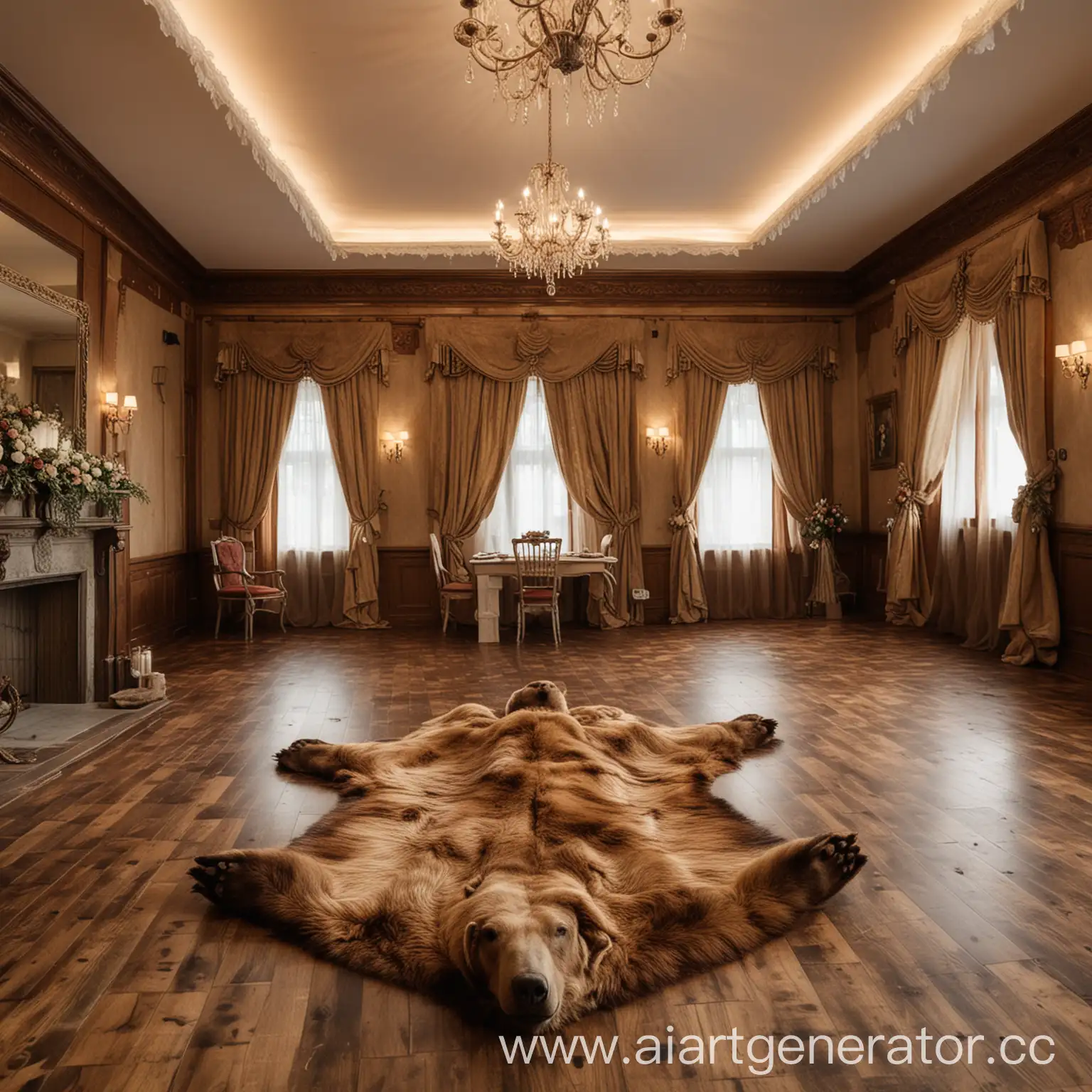 свадебная комната с шкурой медведя на полу