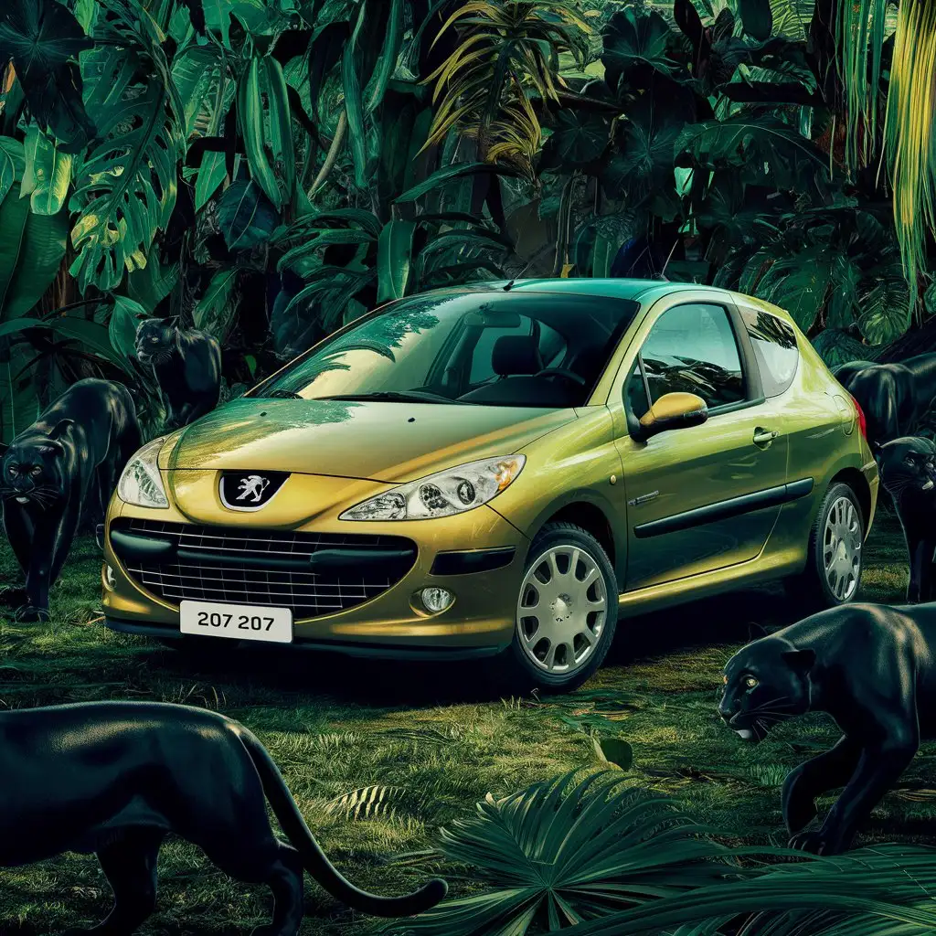  peugeot 207, in jungle, surrounded by black panthers, colorful