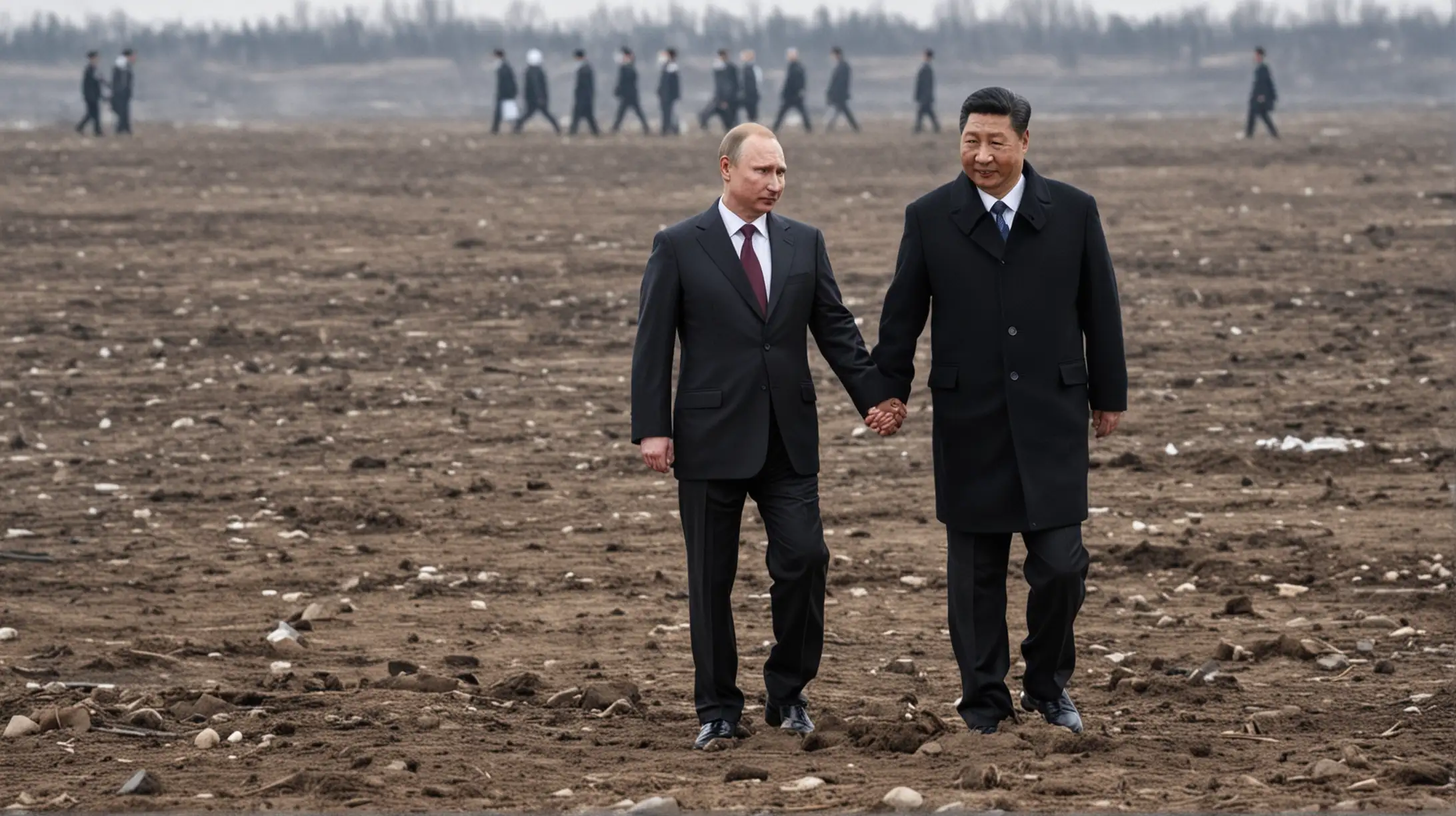 a small vladimir putin and xi jinping hand in hand walking over a battlefield