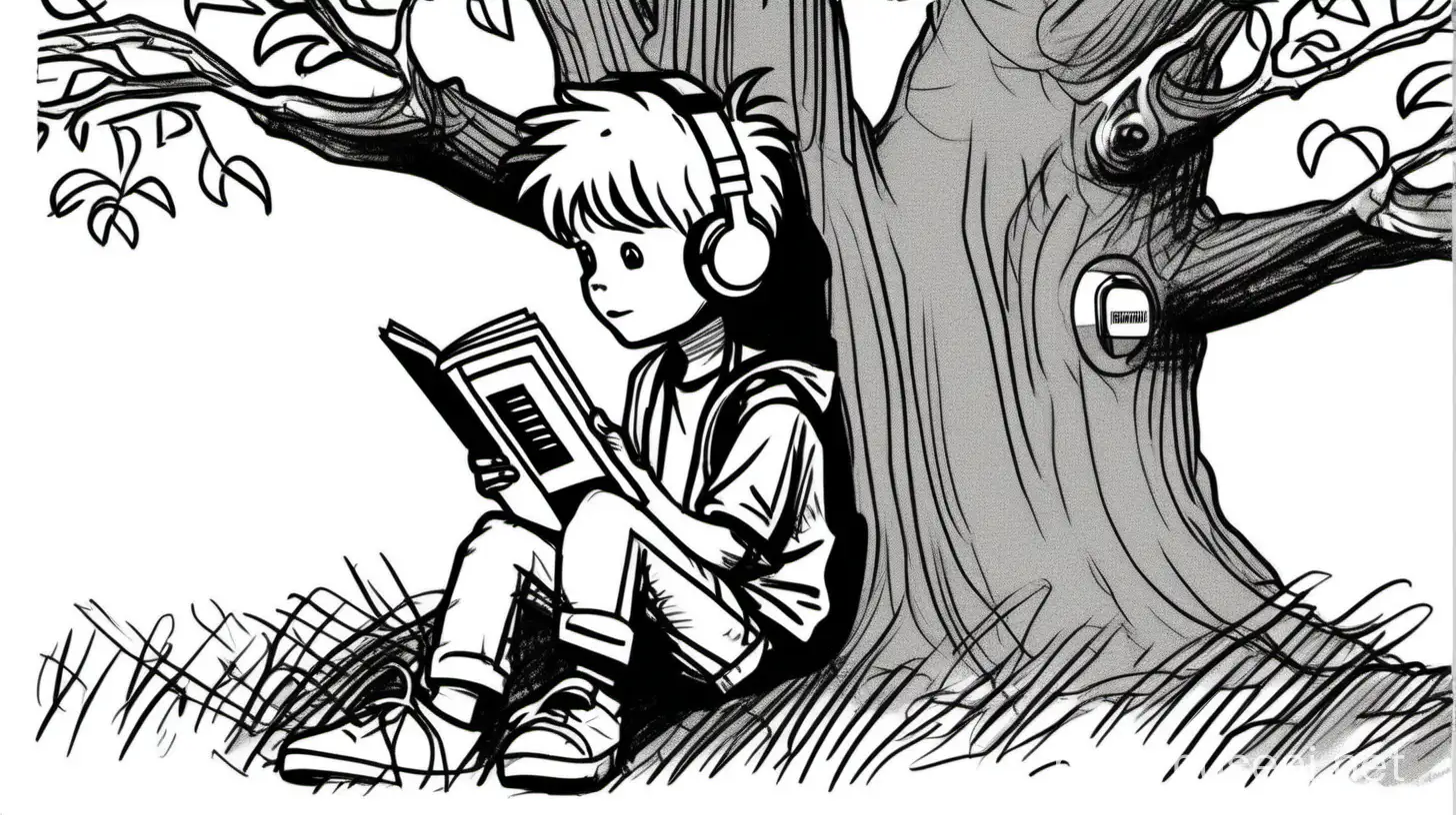 cute simple sketch 80s kid listening to a walkman reading in a tree